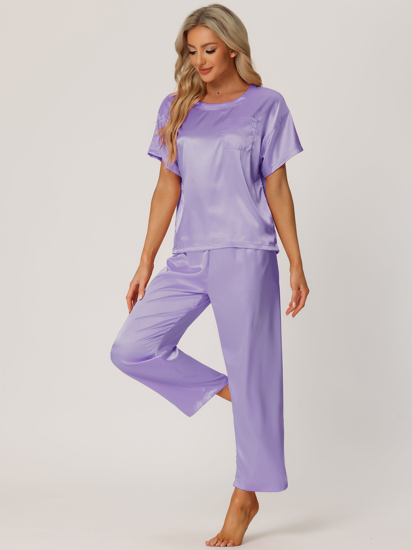 Women's Satin Pajamas Sleepwear Summer Short Sleeves Tops with Pants Silky Lounge Set