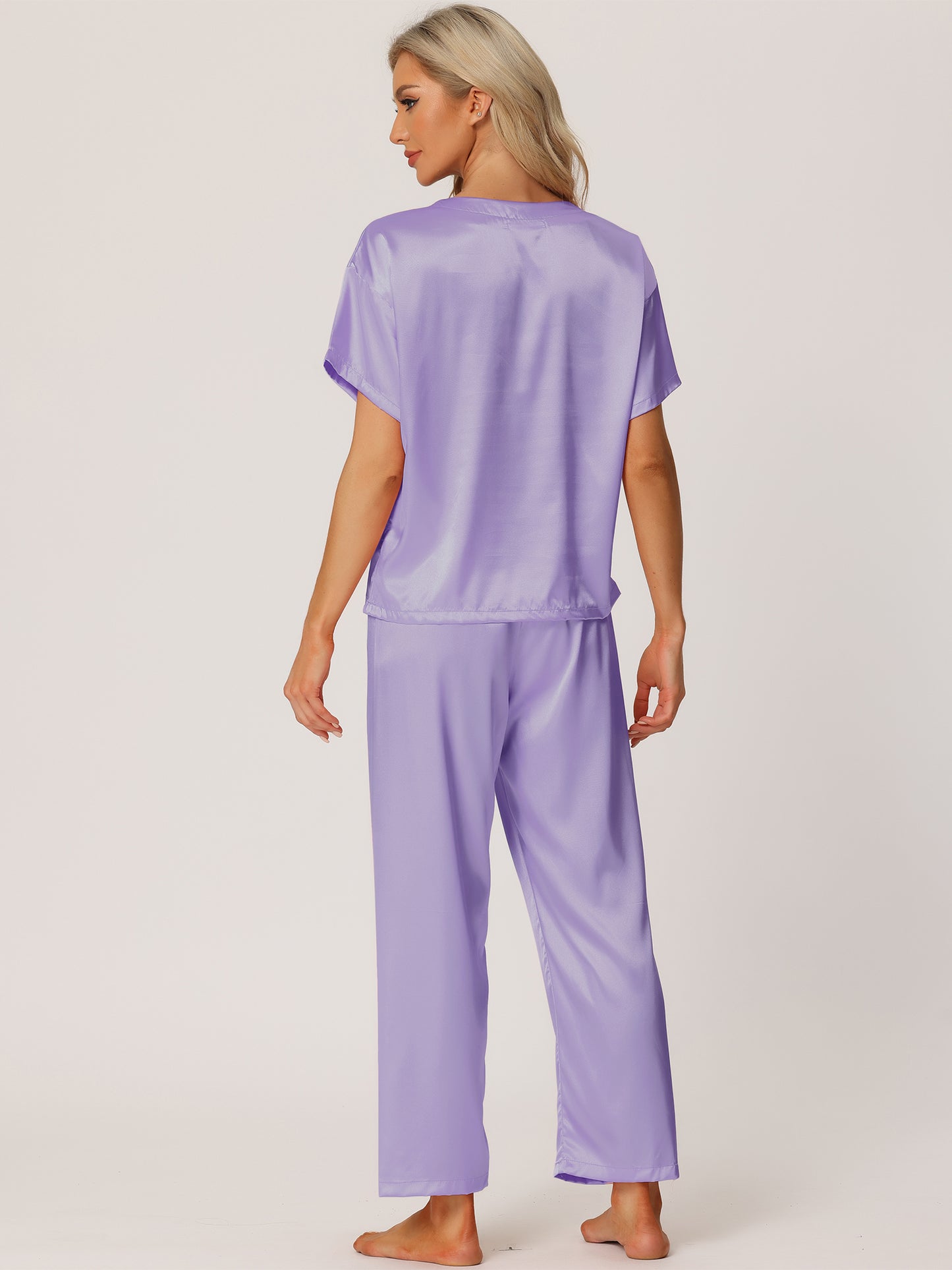 Women's Satin Pajamas Sleepwear Summer Short Sleeves Tops with Pants Silky Lounge Set