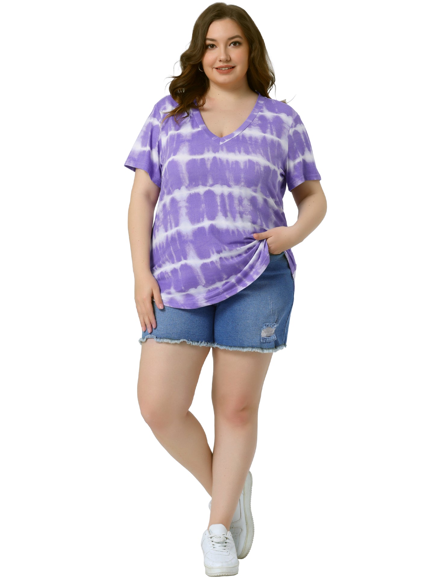 Women's Plus Size Summer Top V Neck Short Sleeve Casual Tie Dye