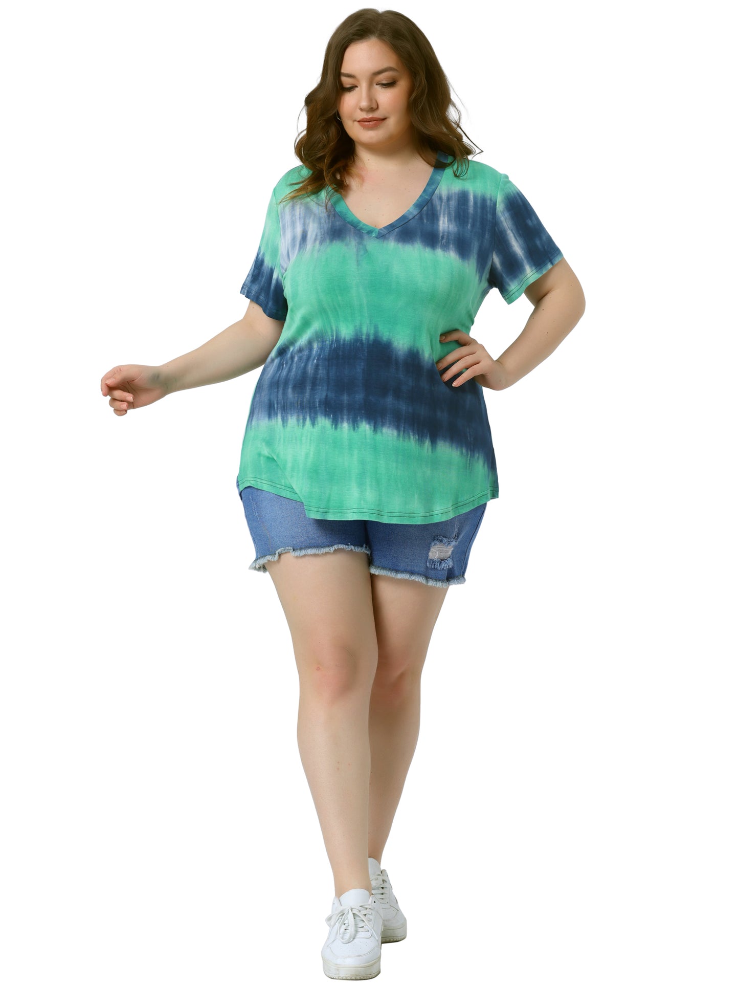 Women's Plus Size Summer Top V Neck Short Sleeve Casual Tie Dye