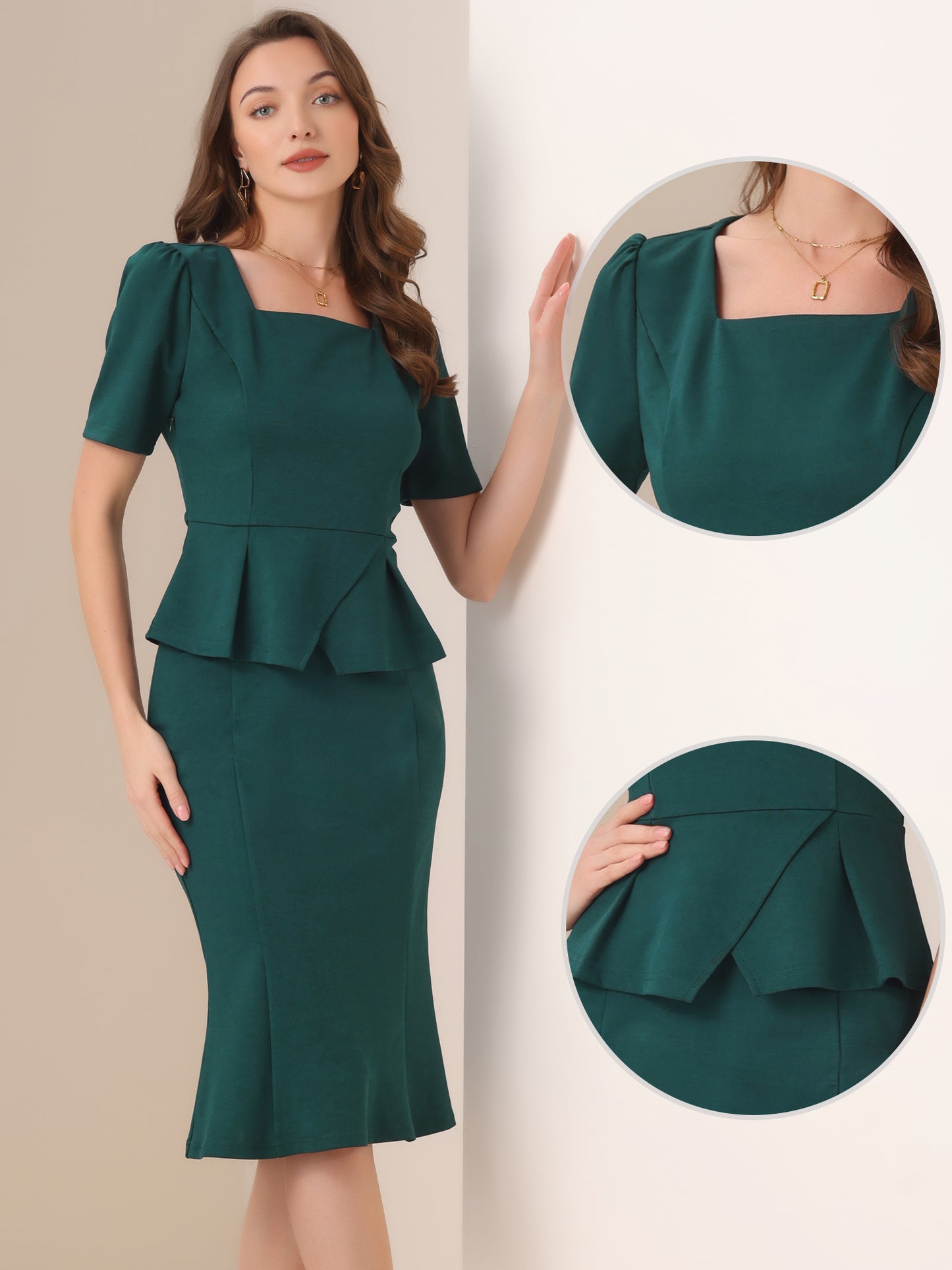 Women's 2 Piece Business Skirt Set Short Sleeve Peplum Top Fishtail Bodycon Skirt