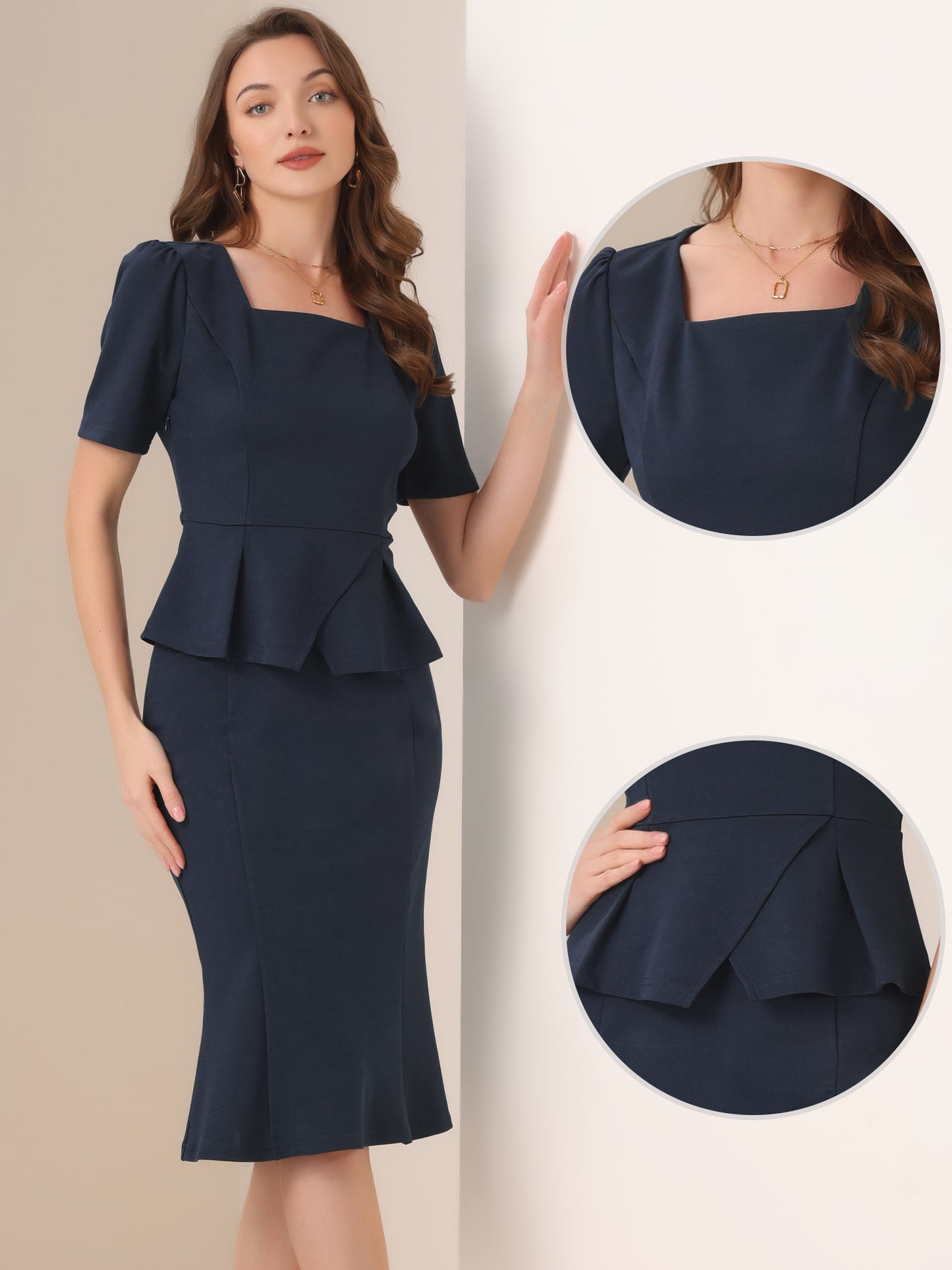 Women's 2 Piece Business Skirt Set Short Sleeve Peplum Top Fishtail Bodycon Skirt