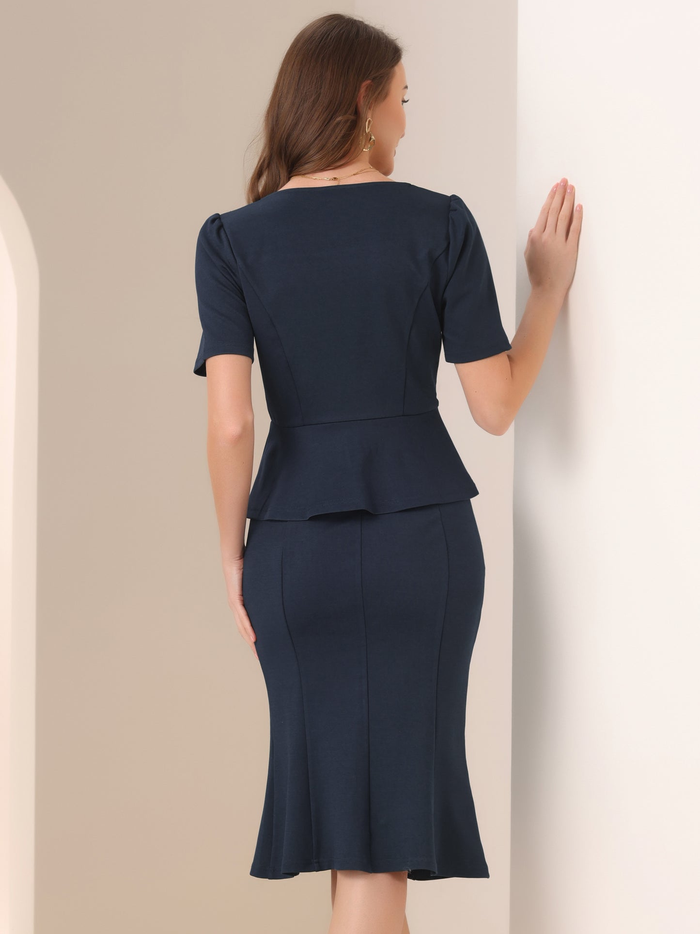 Women's 2 Piece Business Skirt Set Short Sleeve Peplum Top Fishtail Bodycon Skirt