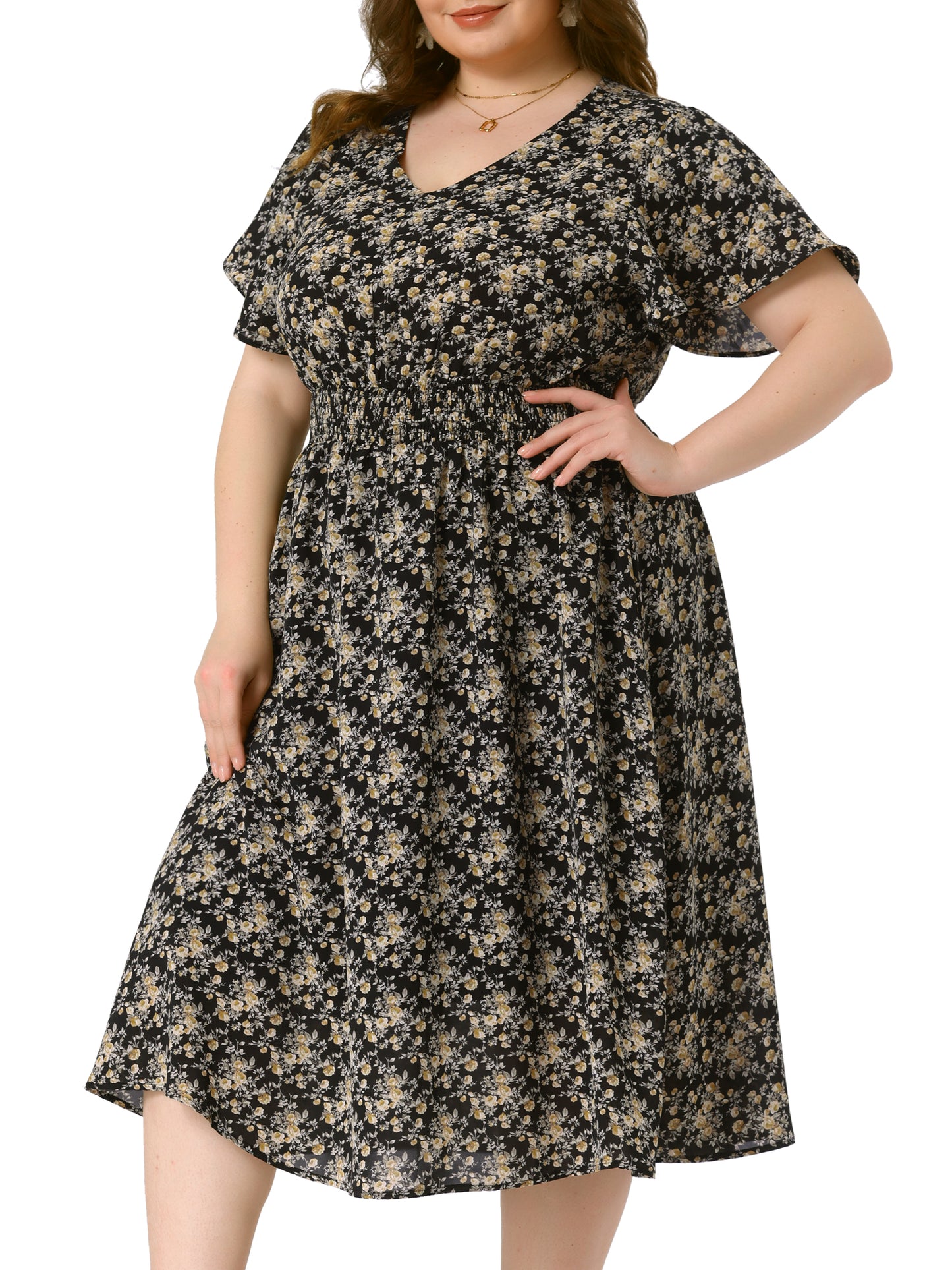 Women's Plus Size Summer Dress Floral Print V Neck Smocked A-Line Flowy Midi Dress