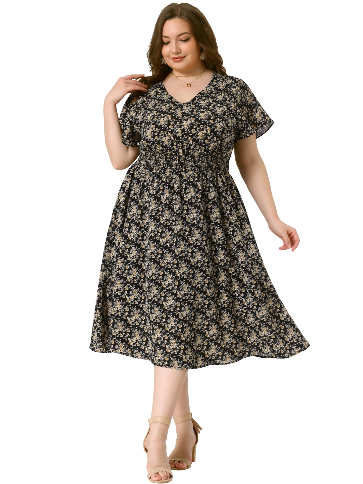 Women's Plus Size Summer Dress Floral Print V Neck Smocked A-Line Flowy Midi Dress