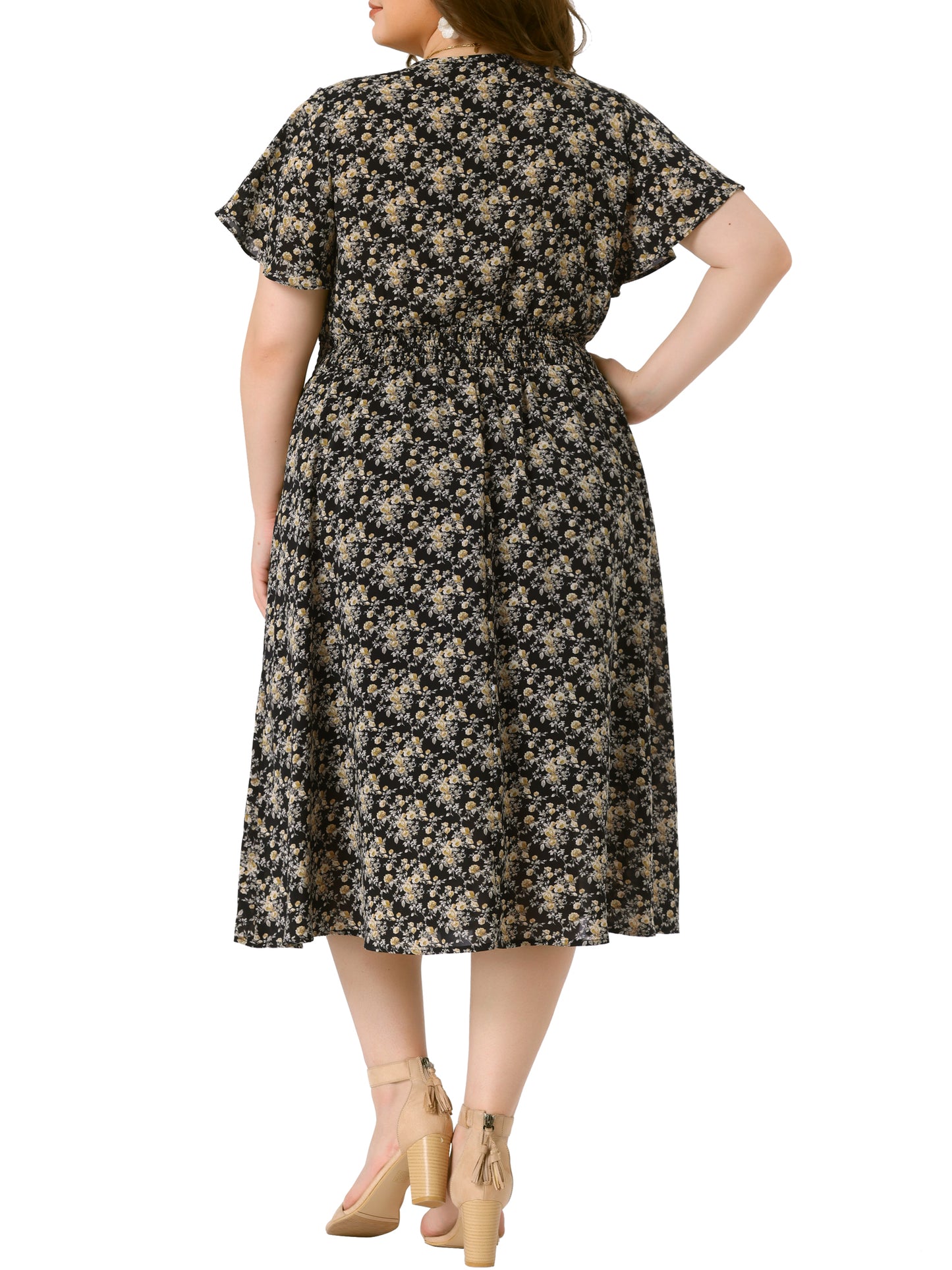 Women's Plus Size Summer Dress Floral Print V Neck Smocked A-Line Flowy Midi Dress