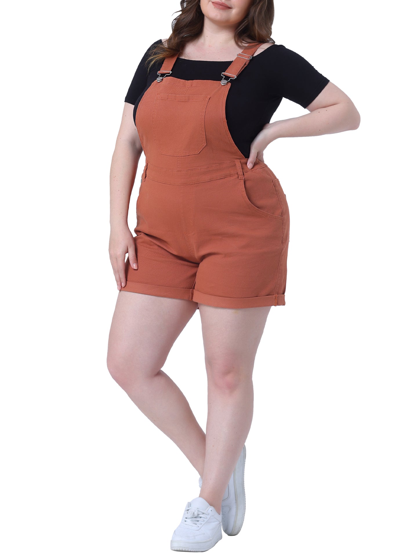 Mono de mezclilla con bolsillos y dobladillo enrollado para mujer, talla grande