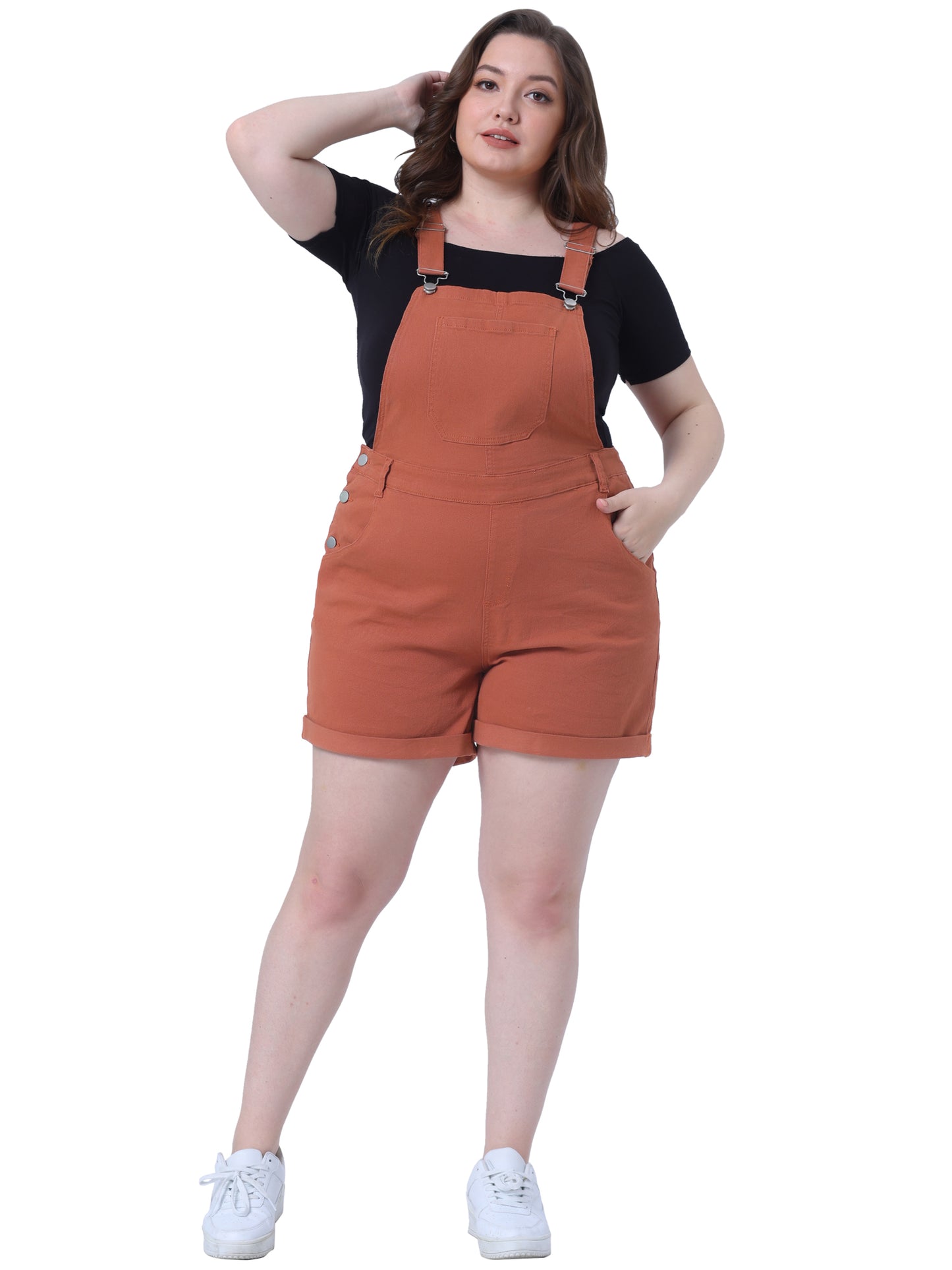 Mono de mezclilla con bolsillos y dobladillo enrollado para mujer, talla grande