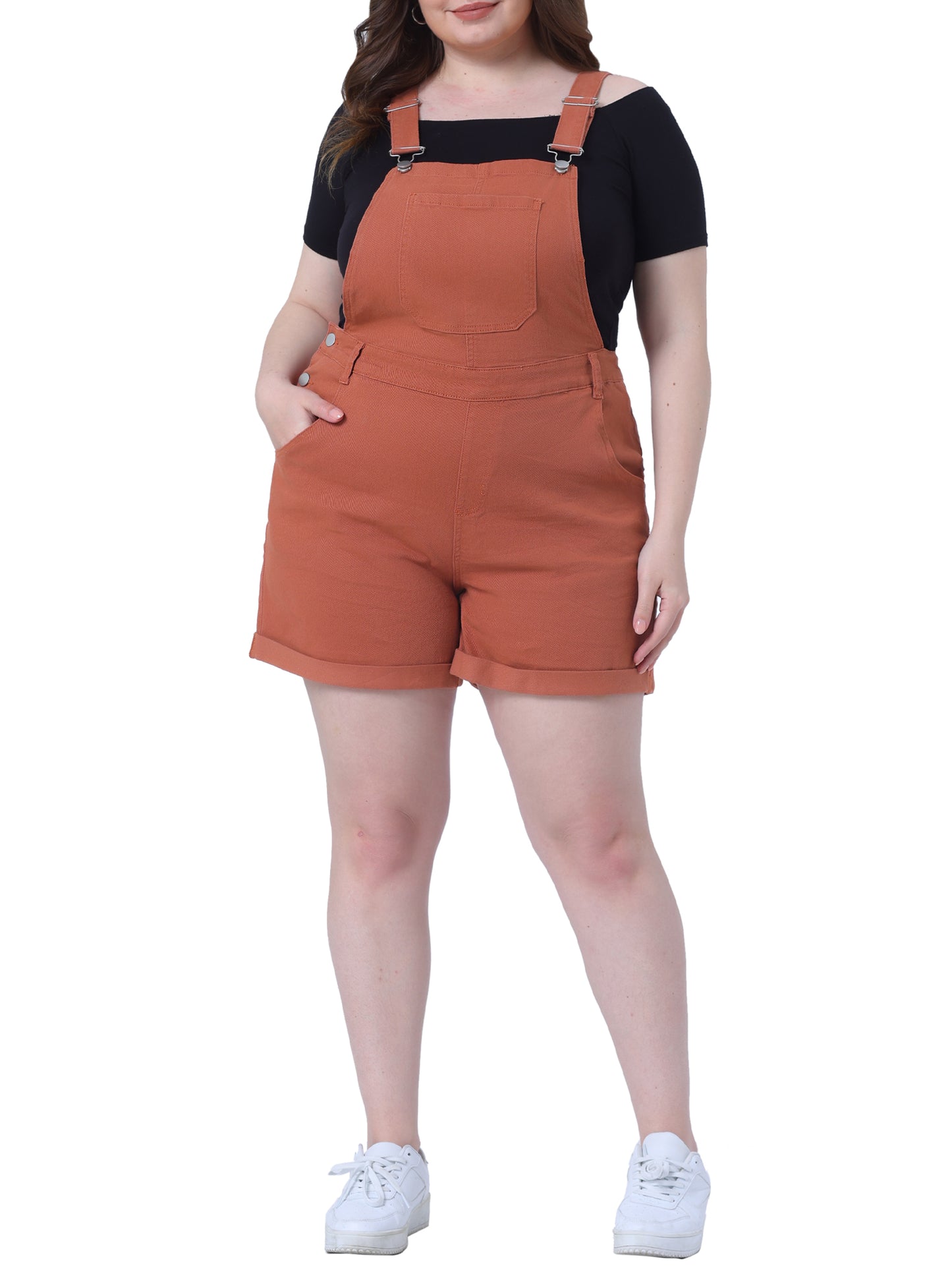 Mono de mezclilla con bolsillos y dobladillo enrollado para mujer, talla grande