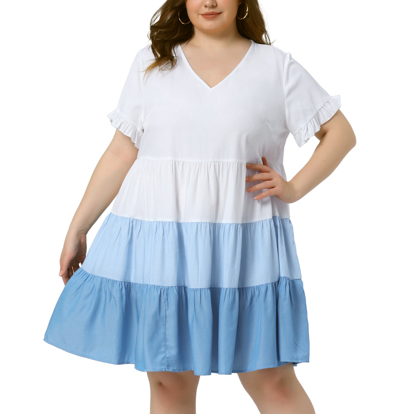Women's Plus Size Babydoll Ruffle Short Sleeve Casual Loose Flowy Swing Hem Chambray V Neck Mini Dress