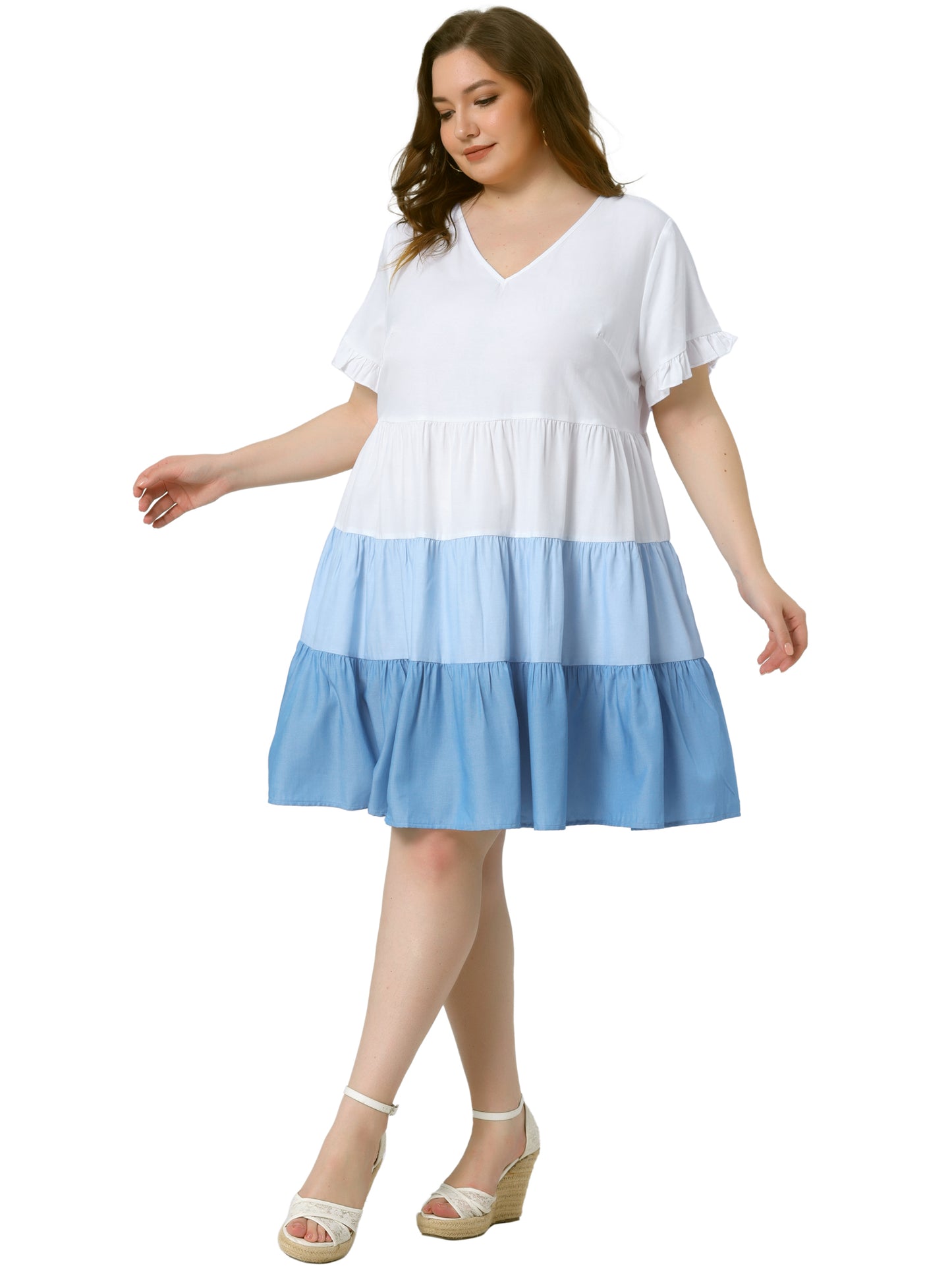 Women's Plus Size Babydoll Ruffle Short Sleeve Casual Loose Flowy Swing Hem Chambray V Neck Mini Dress