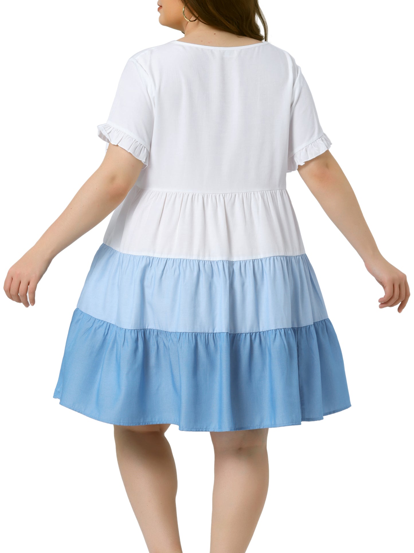 Women's Plus Size Babydoll Ruffle Short Sleeve Casual Loose Flowy Swing Hem Chambray V Neck Mini Dress