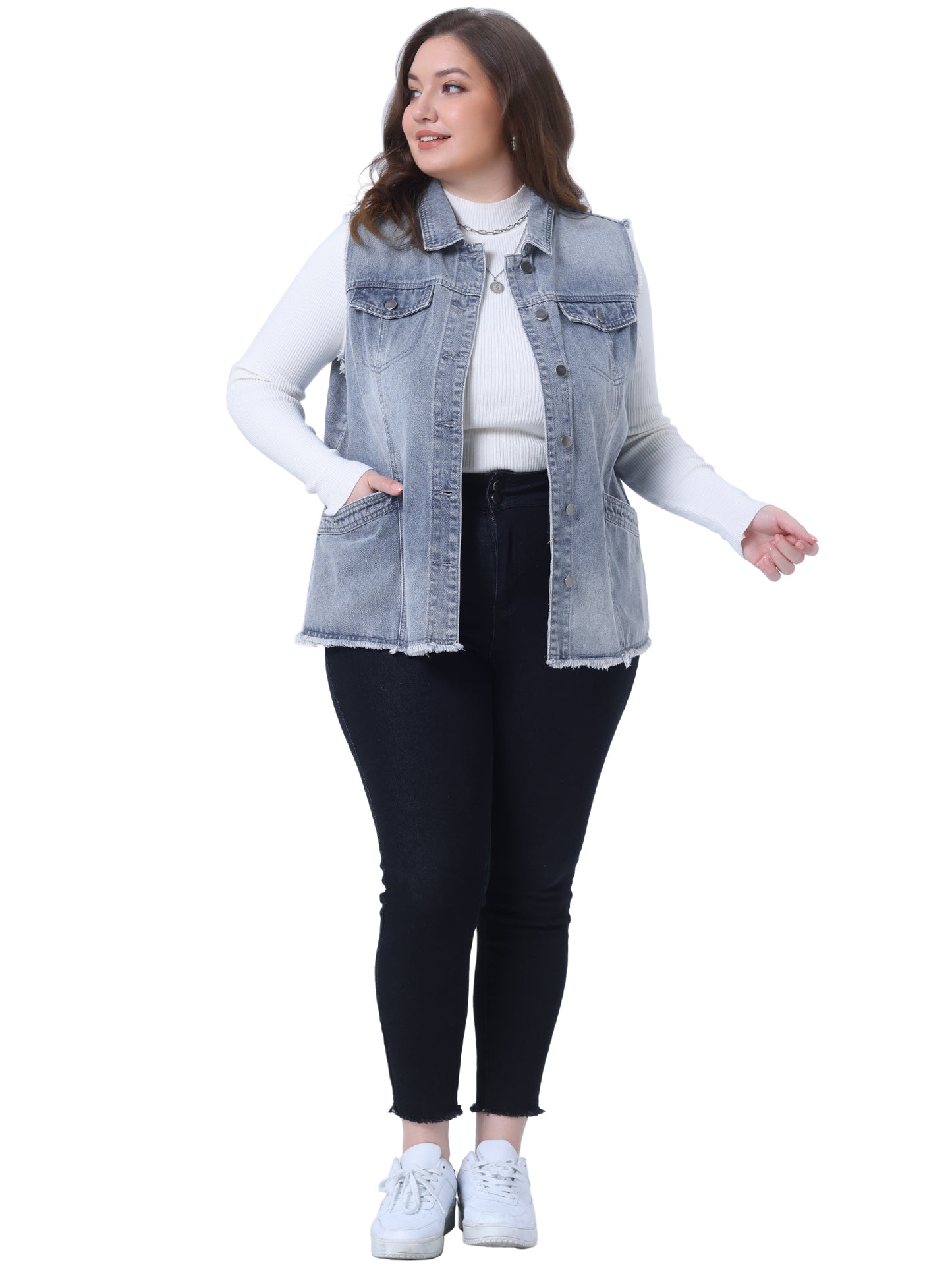 Women Plus Size Denim Jackets Button Front Lapel Frayed Washed Sleeveless Long Jean Vest