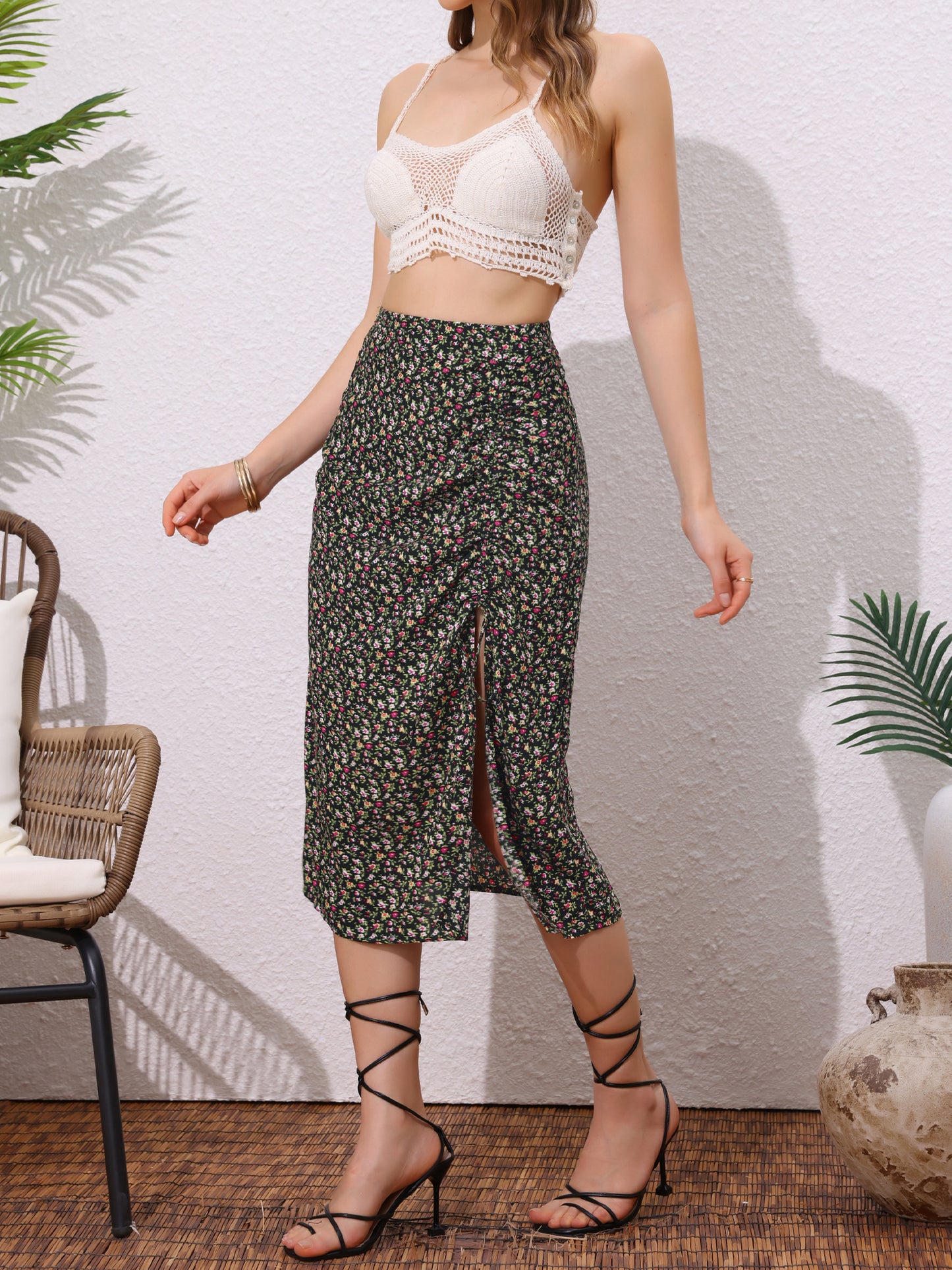 Women's Summer Beach Ruched Split Thigh Tropical Skirt