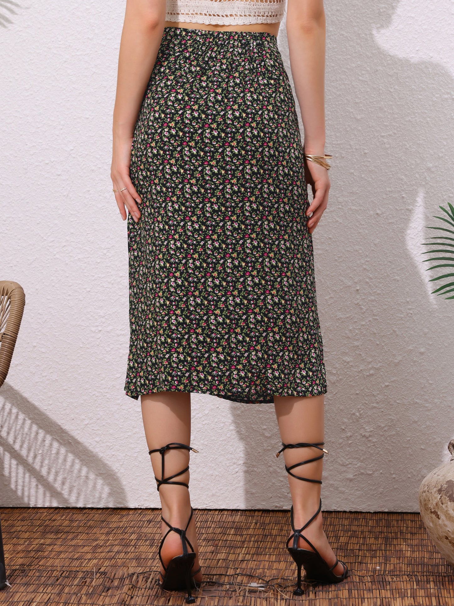 Women's Summer Beach Ruched Split Thigh Tropical Skirt