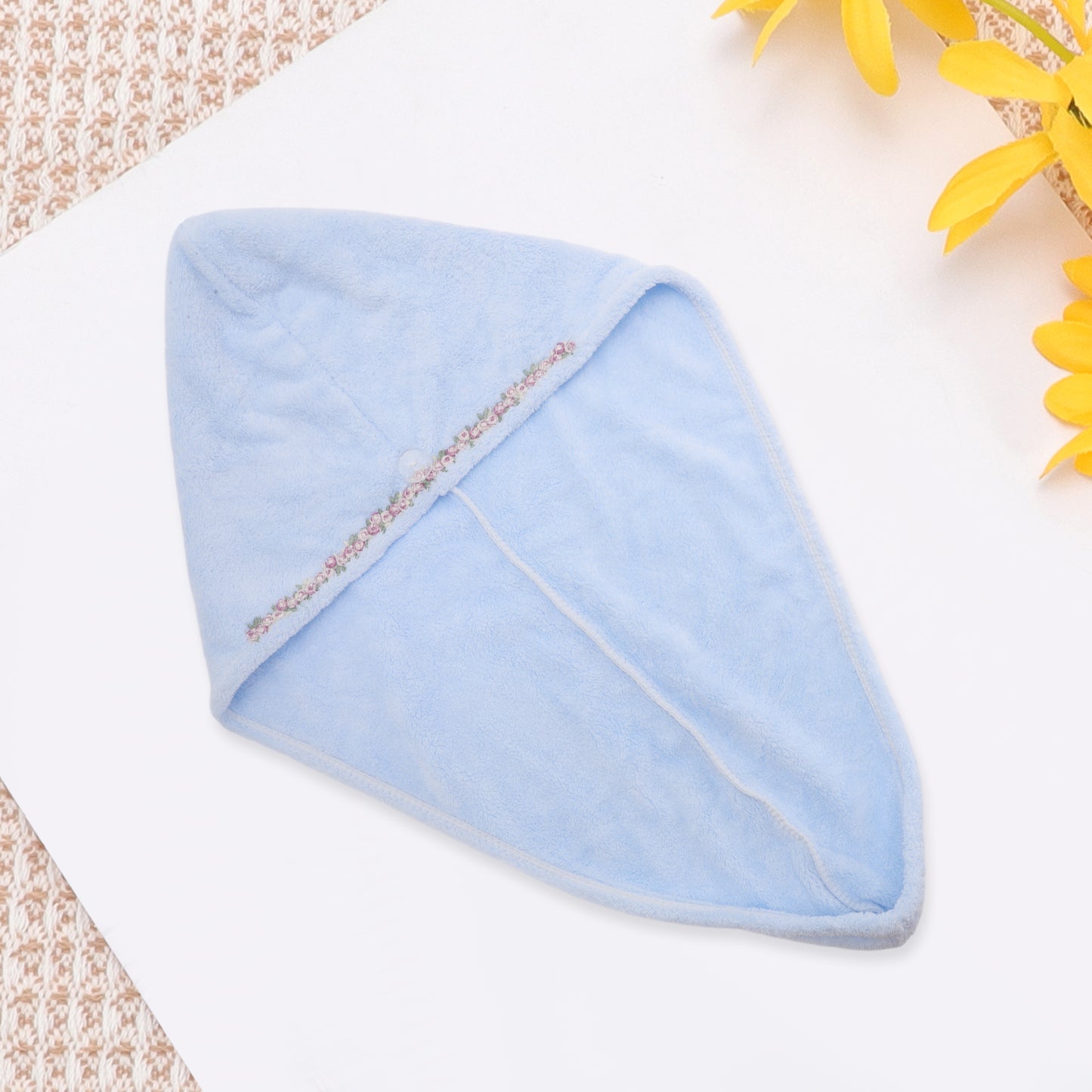 1 Pc Water-absorbent Flower Pattern Hair Drying Towel for Bathroom Light Blue