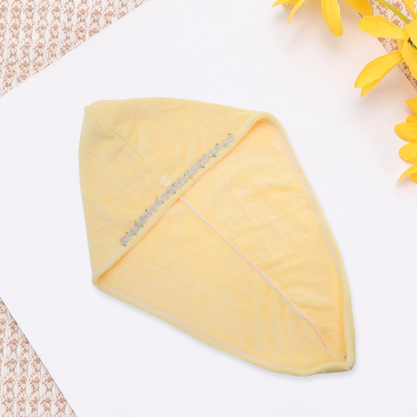 1 Pc Water-absorbent Flower Pattern Hair Drying Towel for Bathroom Light Yellow