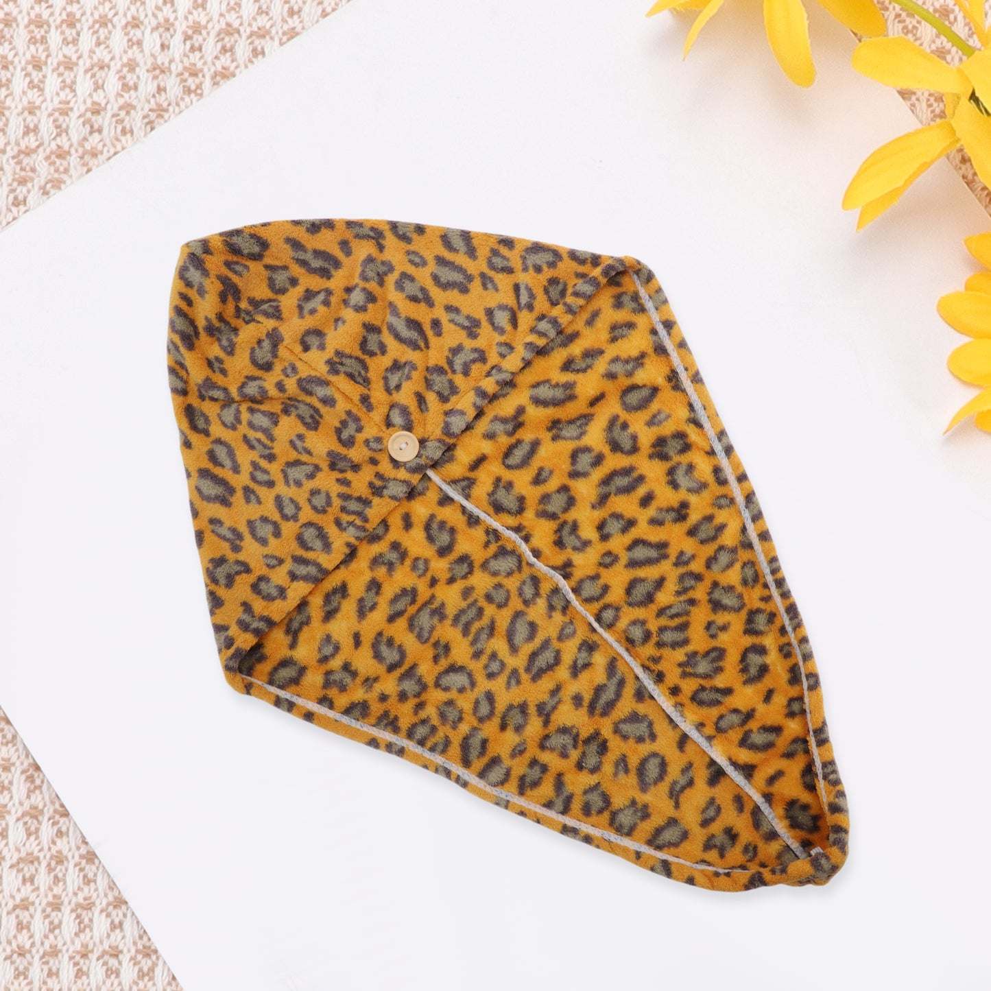 1 Pc Water-absorbent Leopard Print Hair Towel for Bathroom Yellow