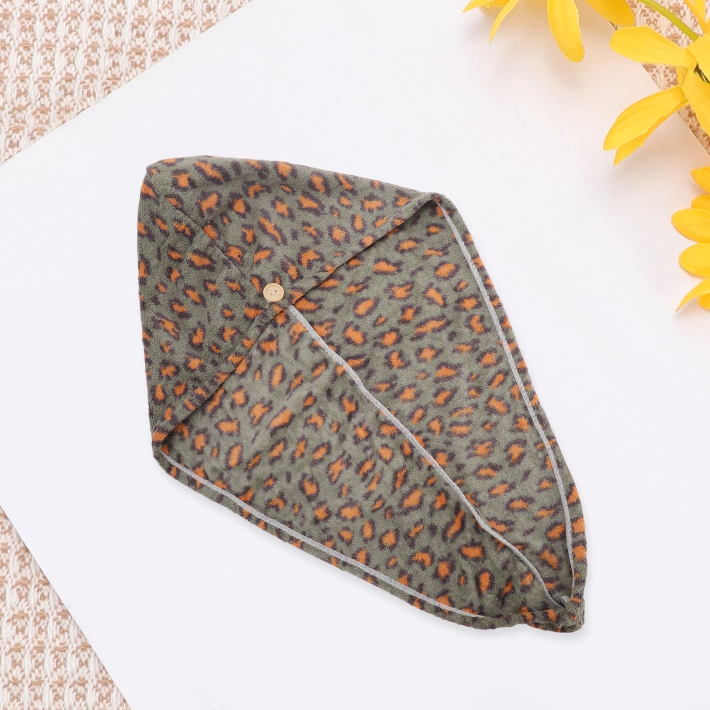 1 Pc Water-absorbent Leopard Print Hair Towel for Bathroom Light Green