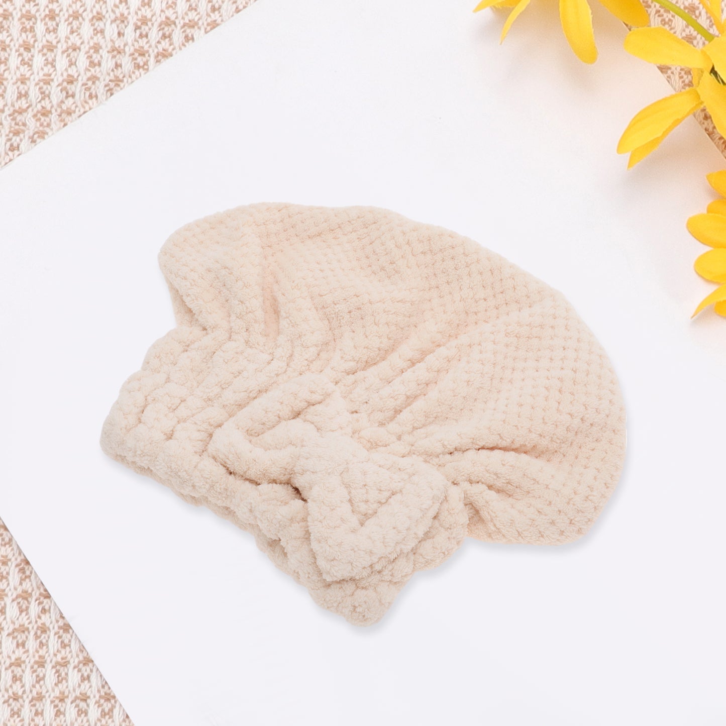1 Pc Water-absorbent Bow Hair Towel Drying Cap for Bathroom Beige