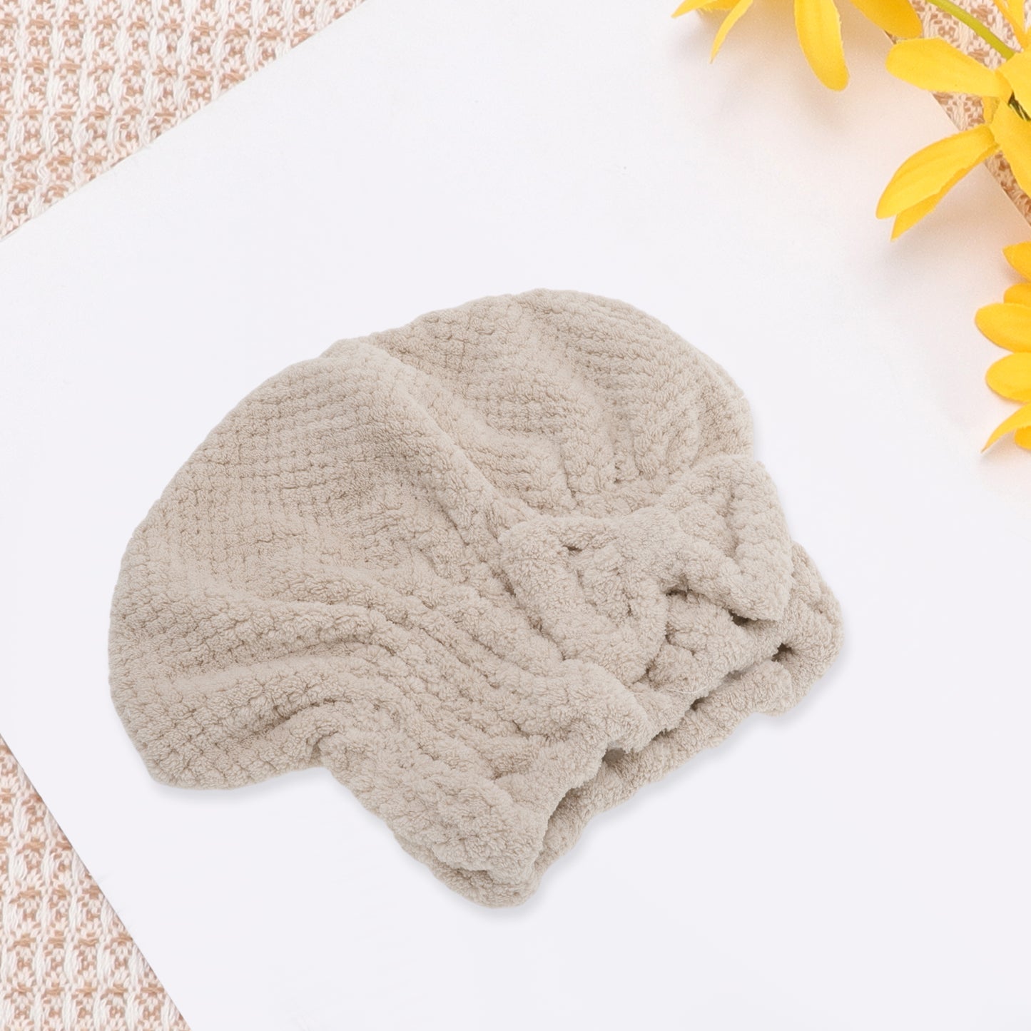 1 Pc Water-absorbent Bow Hair Towel Drying Cap for Bathroom Khaki
