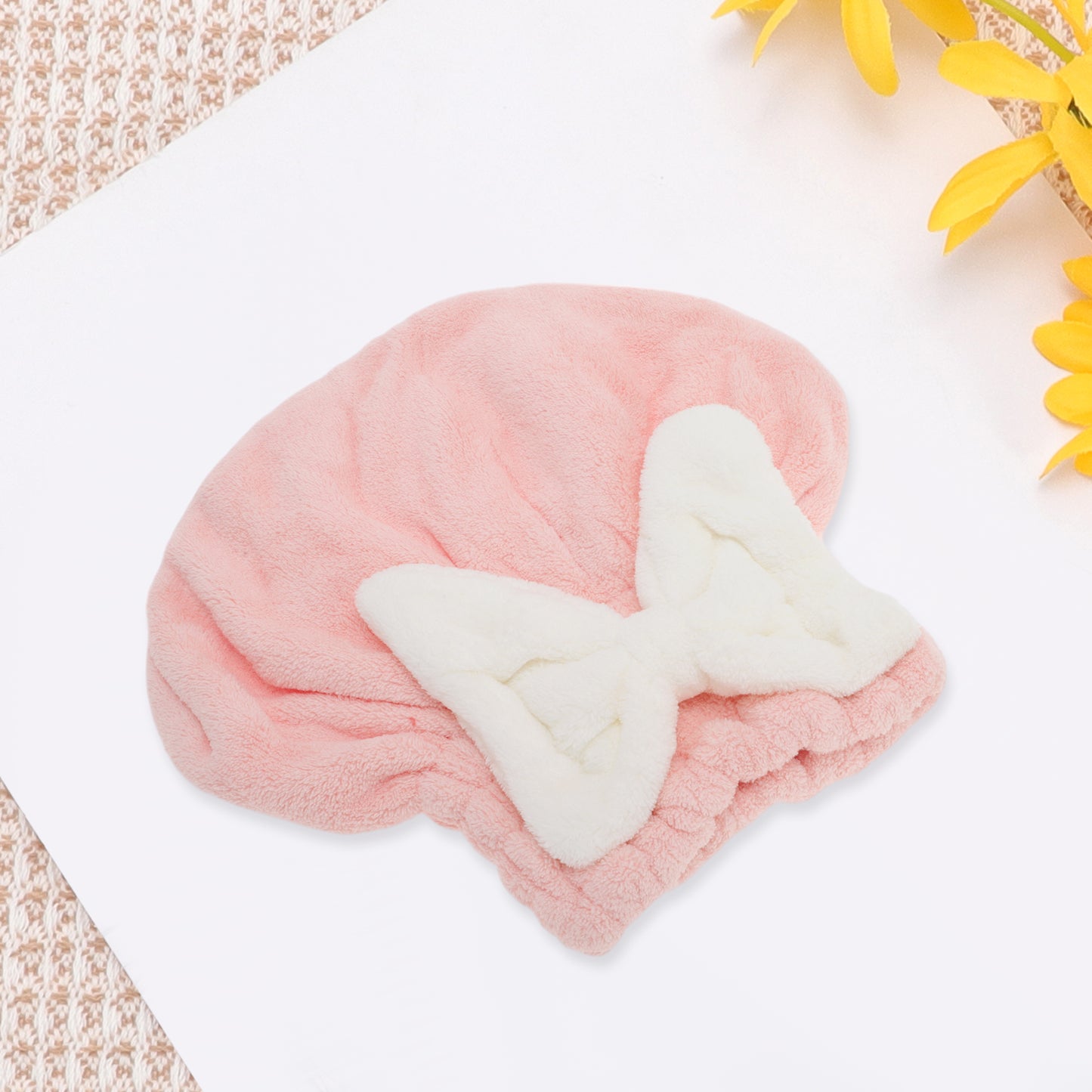 1 Pc Water-absorbent Bow Hair Drying Towel Hair Cap for Bathroom Light Pink