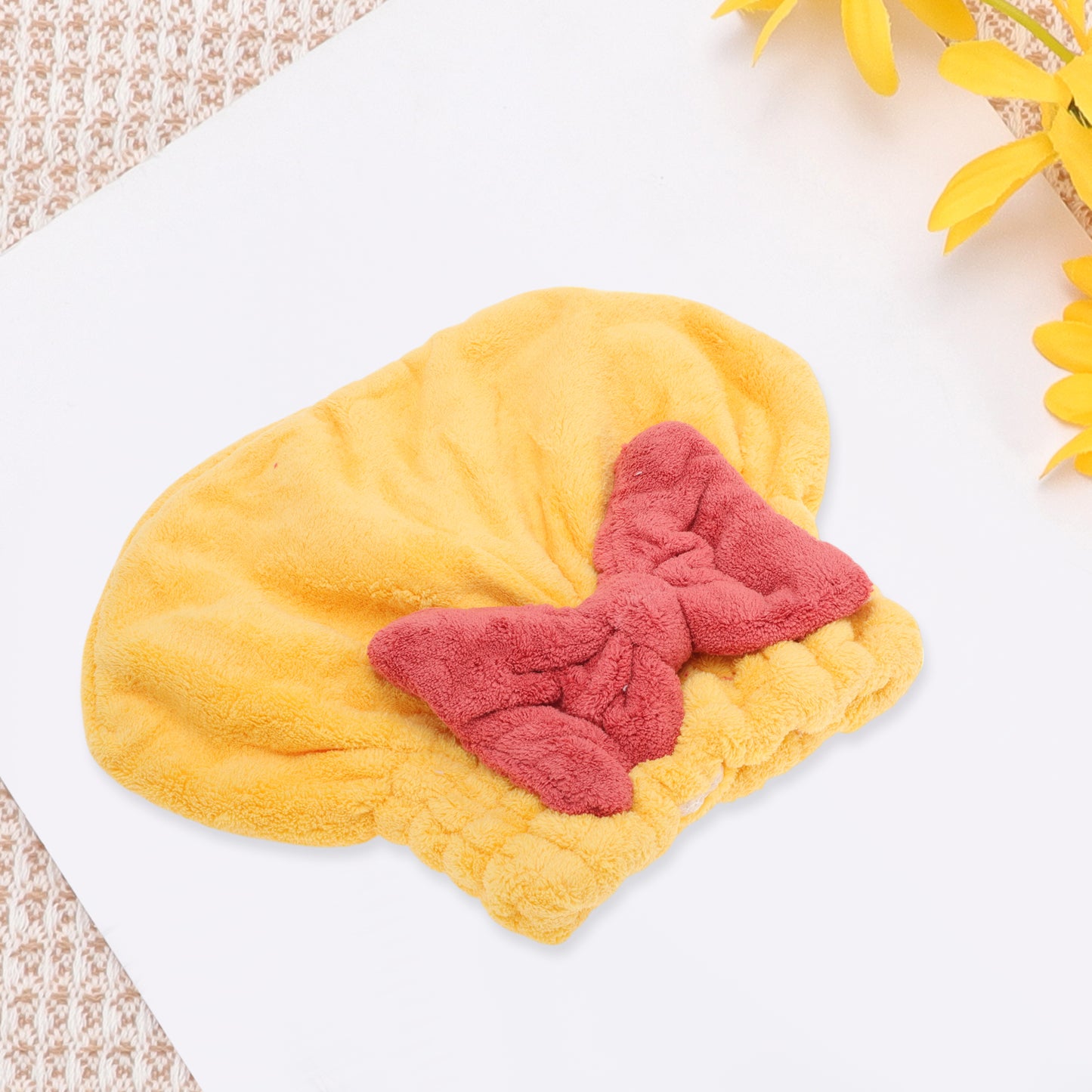 1 Pc Water-absorbent Bow Hair Drying Towel Hair Cap for Bathroom Yellow