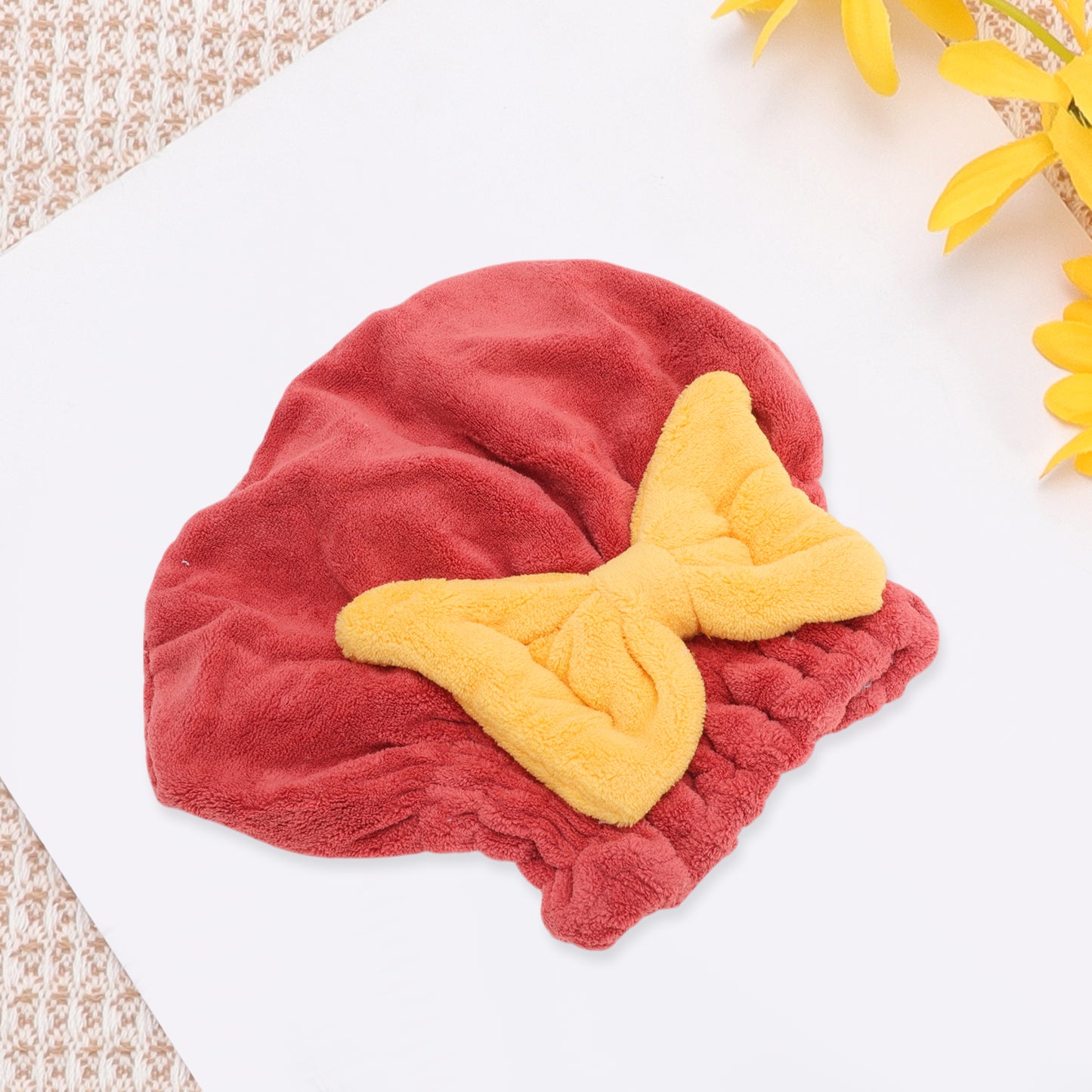 1 Pc Water-absorbent Bow Hair Drying Towel Hair Cap for Bathroom Red