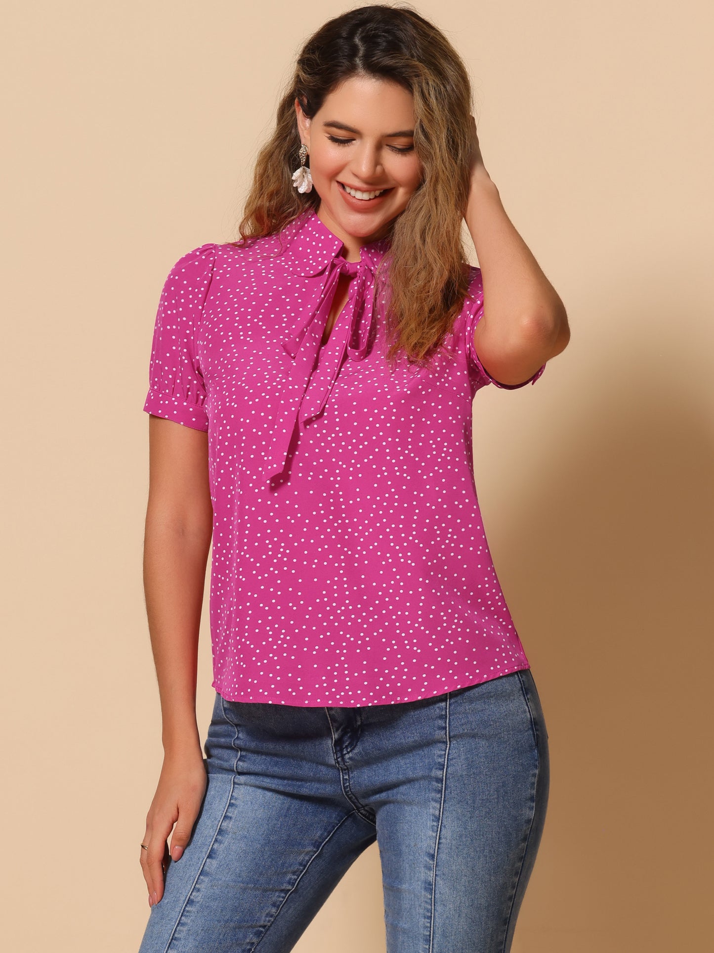 Women's Retro Printed Bow Tie Peter Pan Collar Chiffon Blouse Shirt