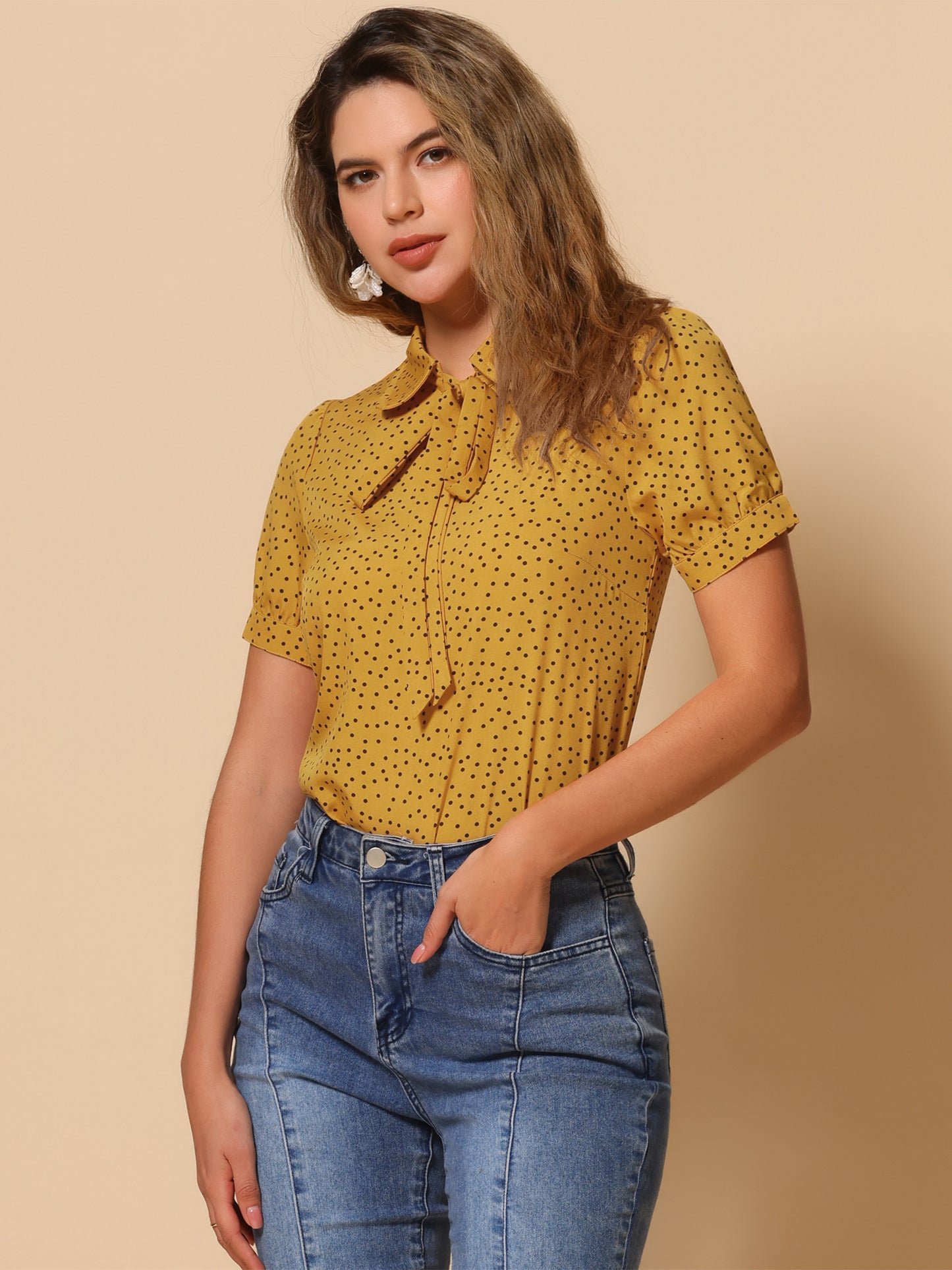 Blusa de gasa con cuello Peter Pan y pajarita estampada retro para mujer