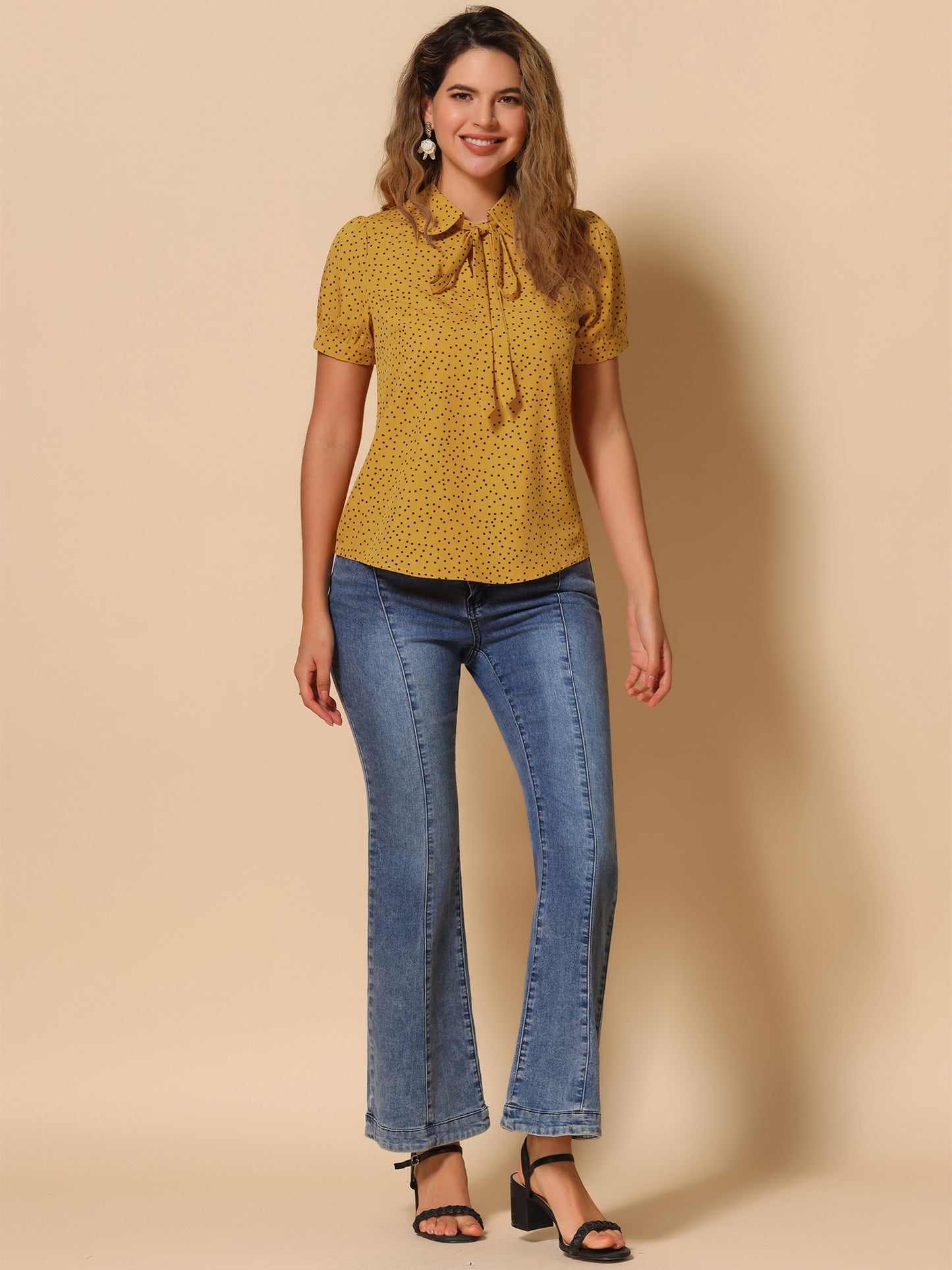 Blusa de gasa con cuello Peter Pan y pajarita estampada retro para mujer