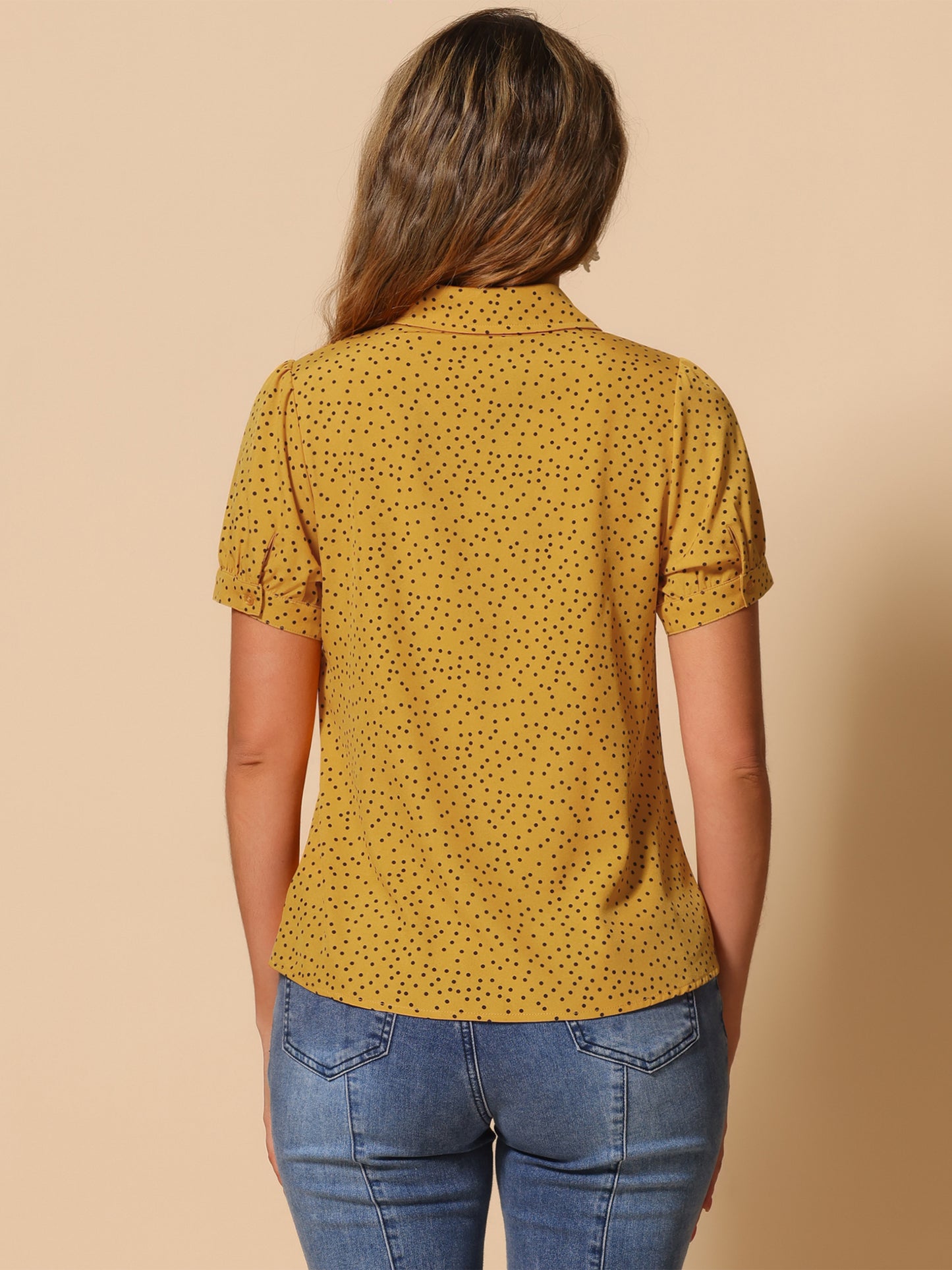 Blusa de gasa con cuello Peter Pan y pajarita estampada retro para mujer