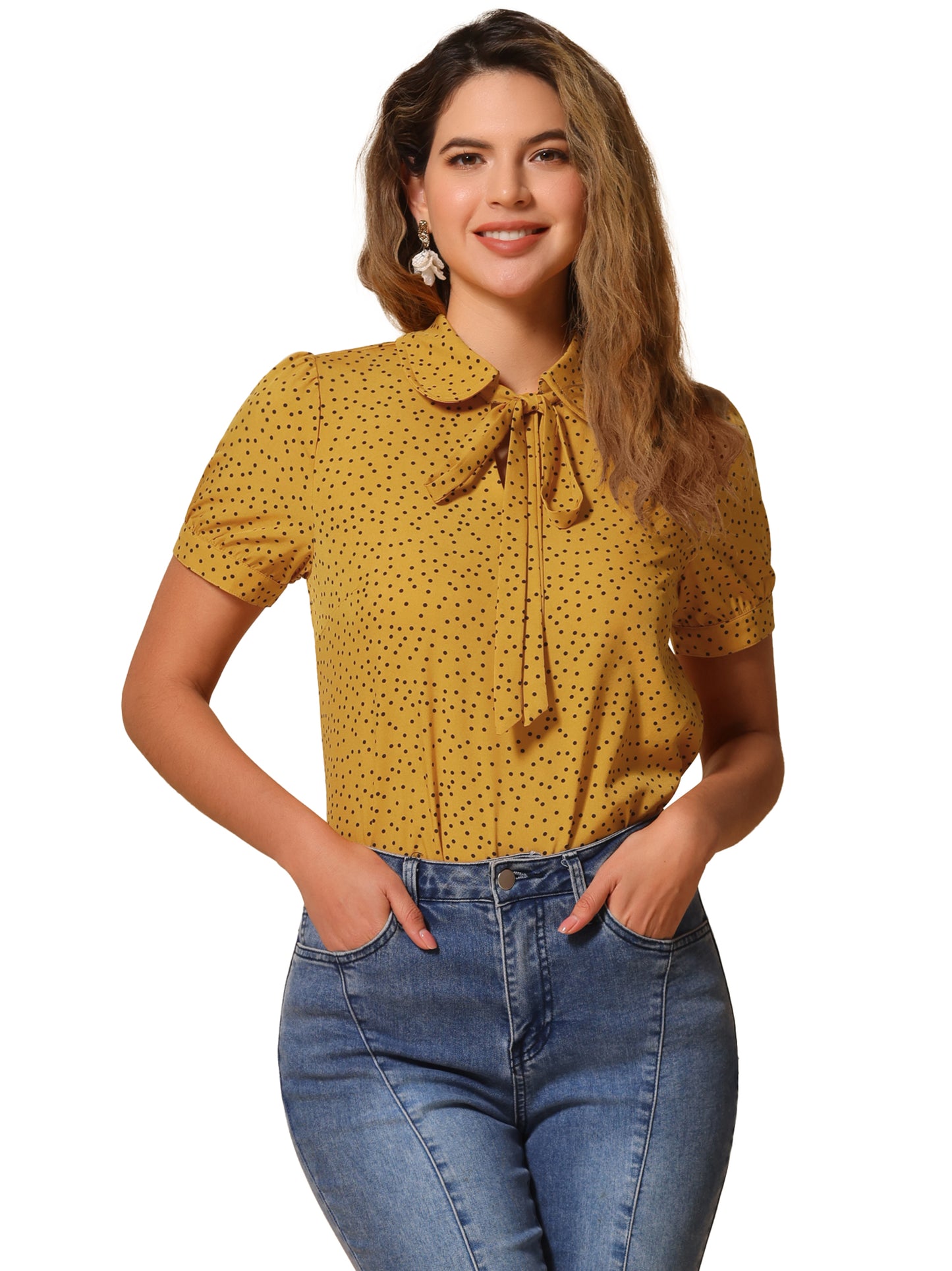 Blusa de gasa con cuello Peter Pan y pajarita estampada retro para mujer