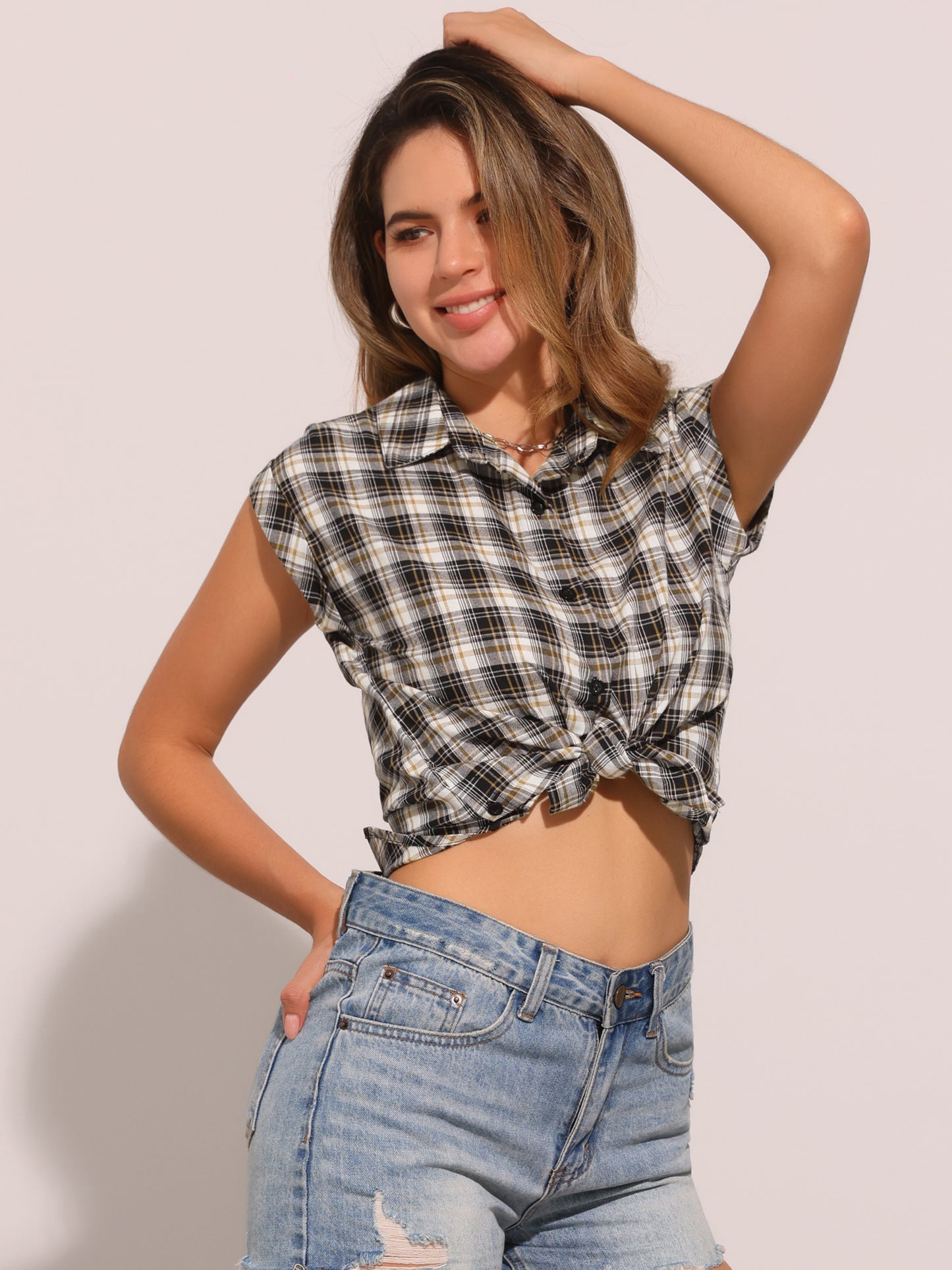 Women's Summer Plaid Cap Sleeves Button Down Shirt