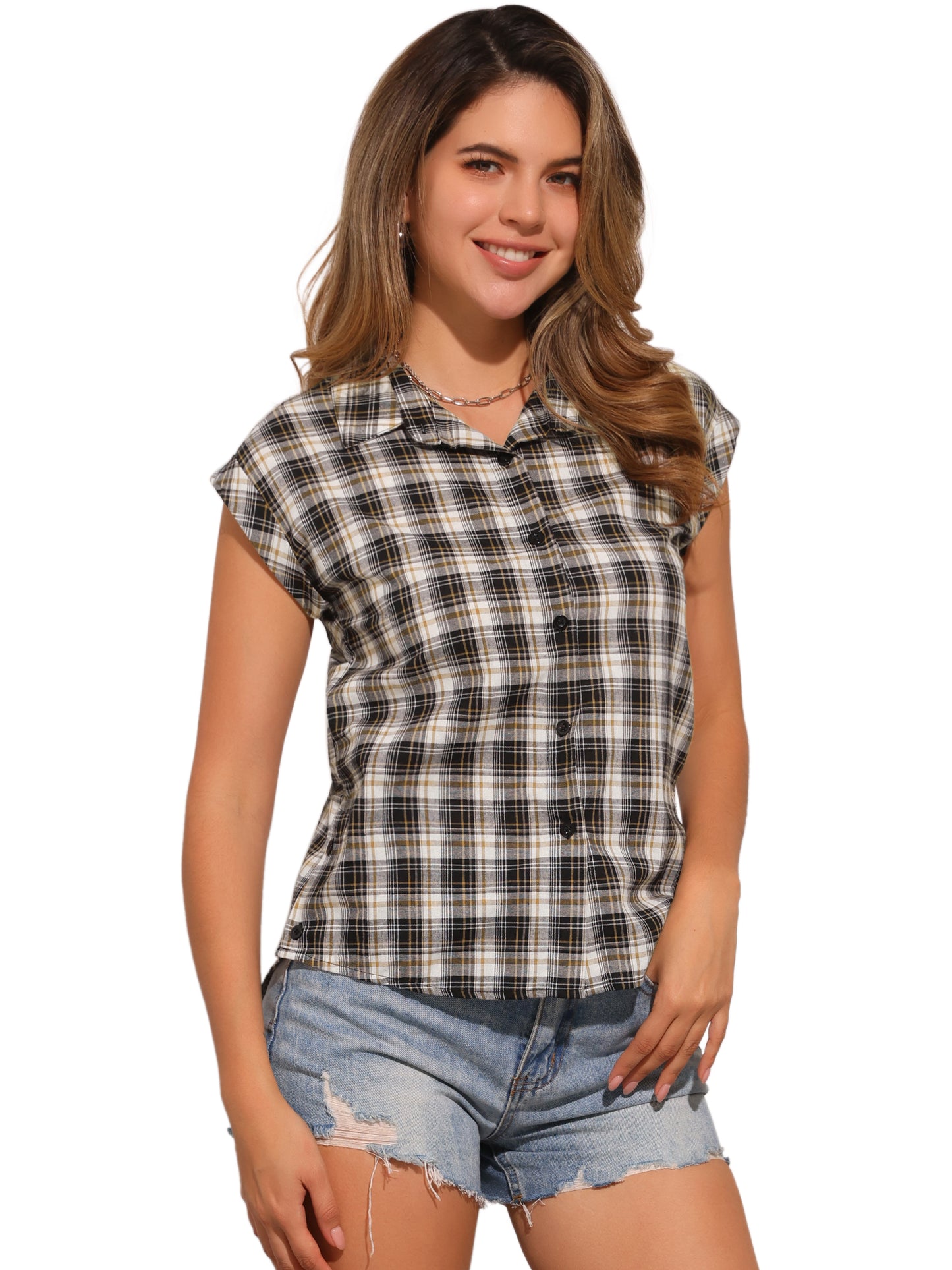 Women's Summer Plaid Cap Sleeves Button Down Shirt