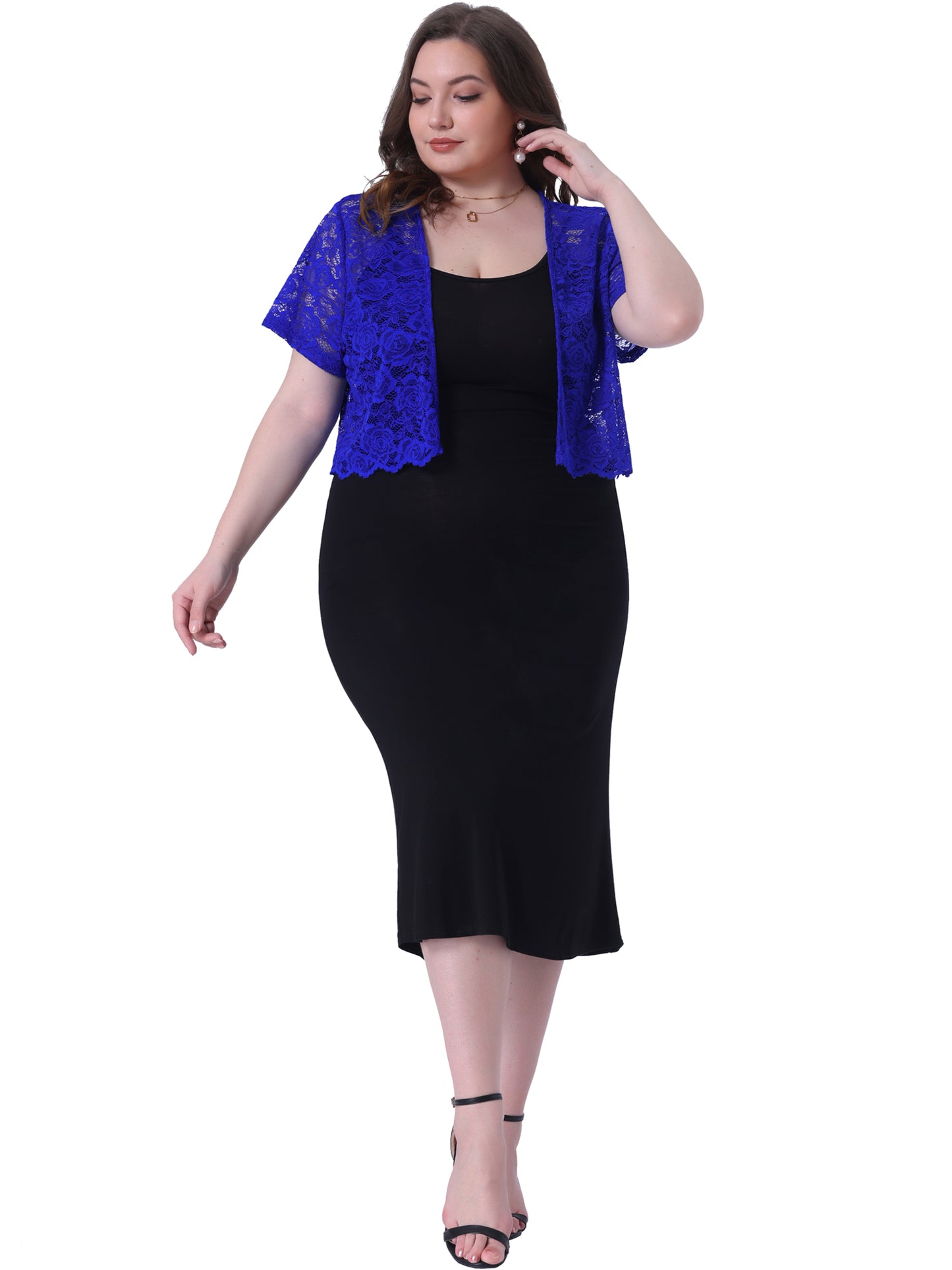 Women Plus Size Bolero Shrugs Open Front Short Sleeve Crochet Lace Cropped Cardigans