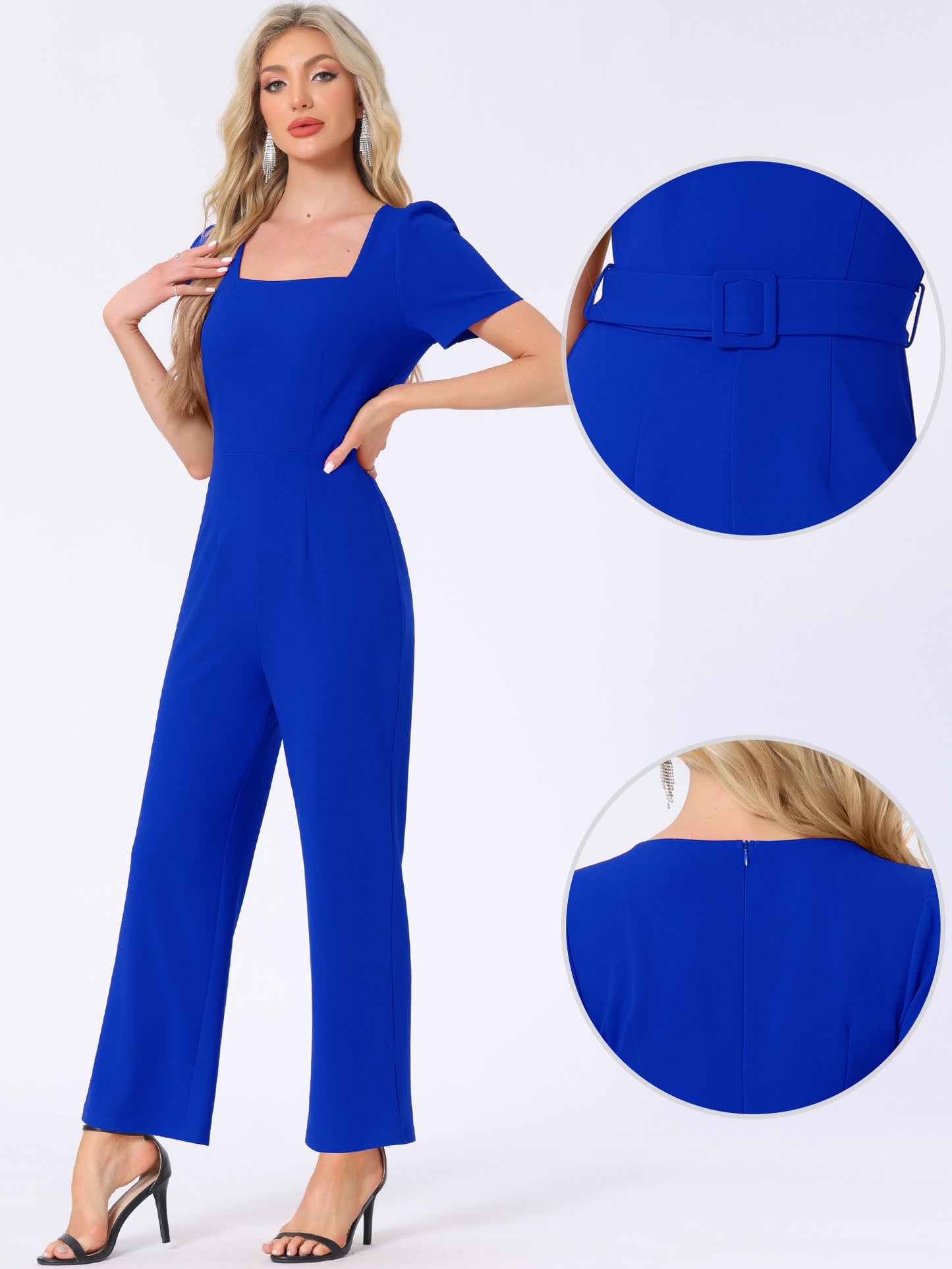Women's Elegant Square Neck Puff Short Sleeve Loose Wide Leg Romper Work Jumpsuits