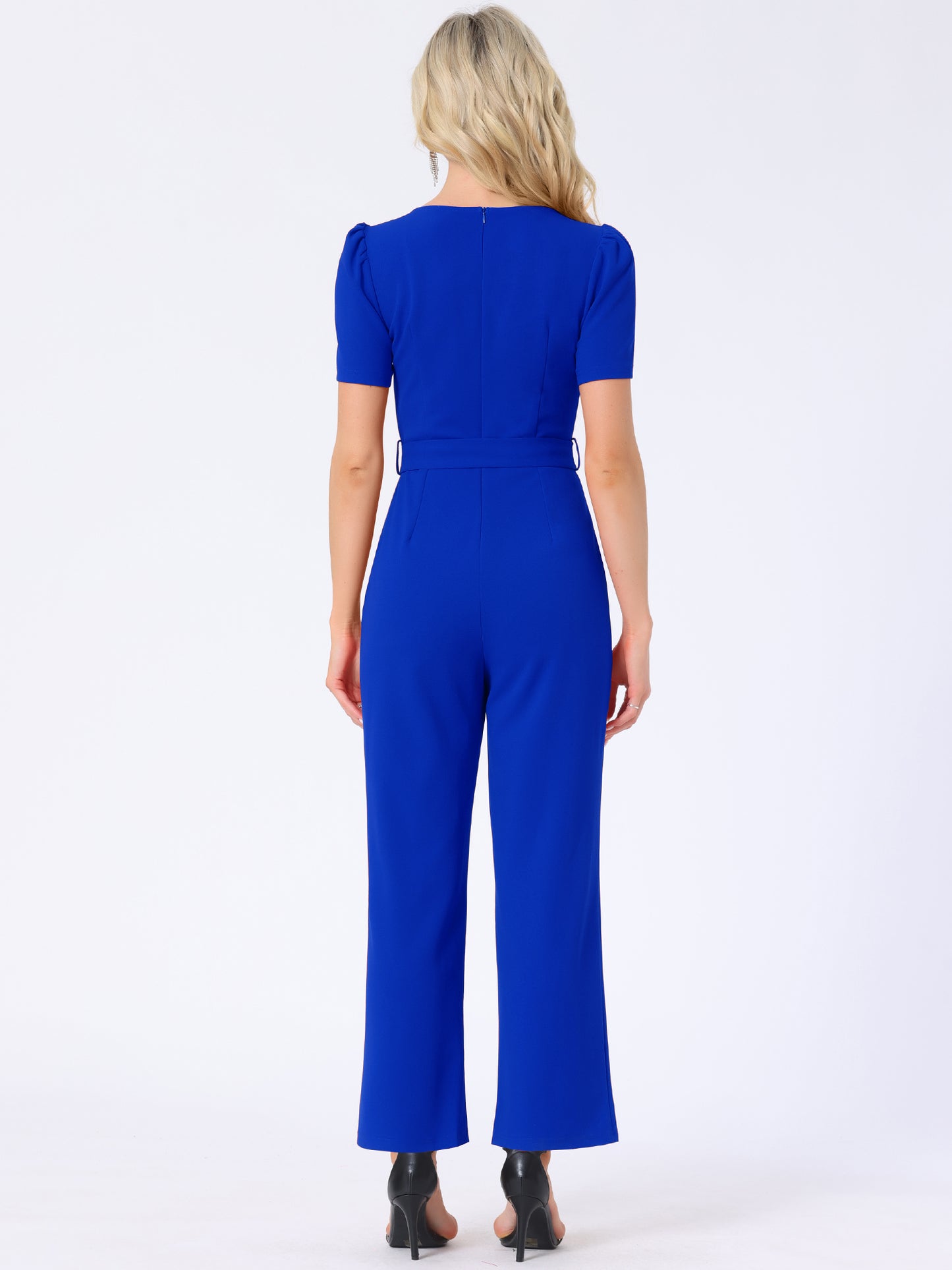 Women's Elegant Square Neck Puff Short Sleeve Loose Wide Leg Romper Work Jumpsuits