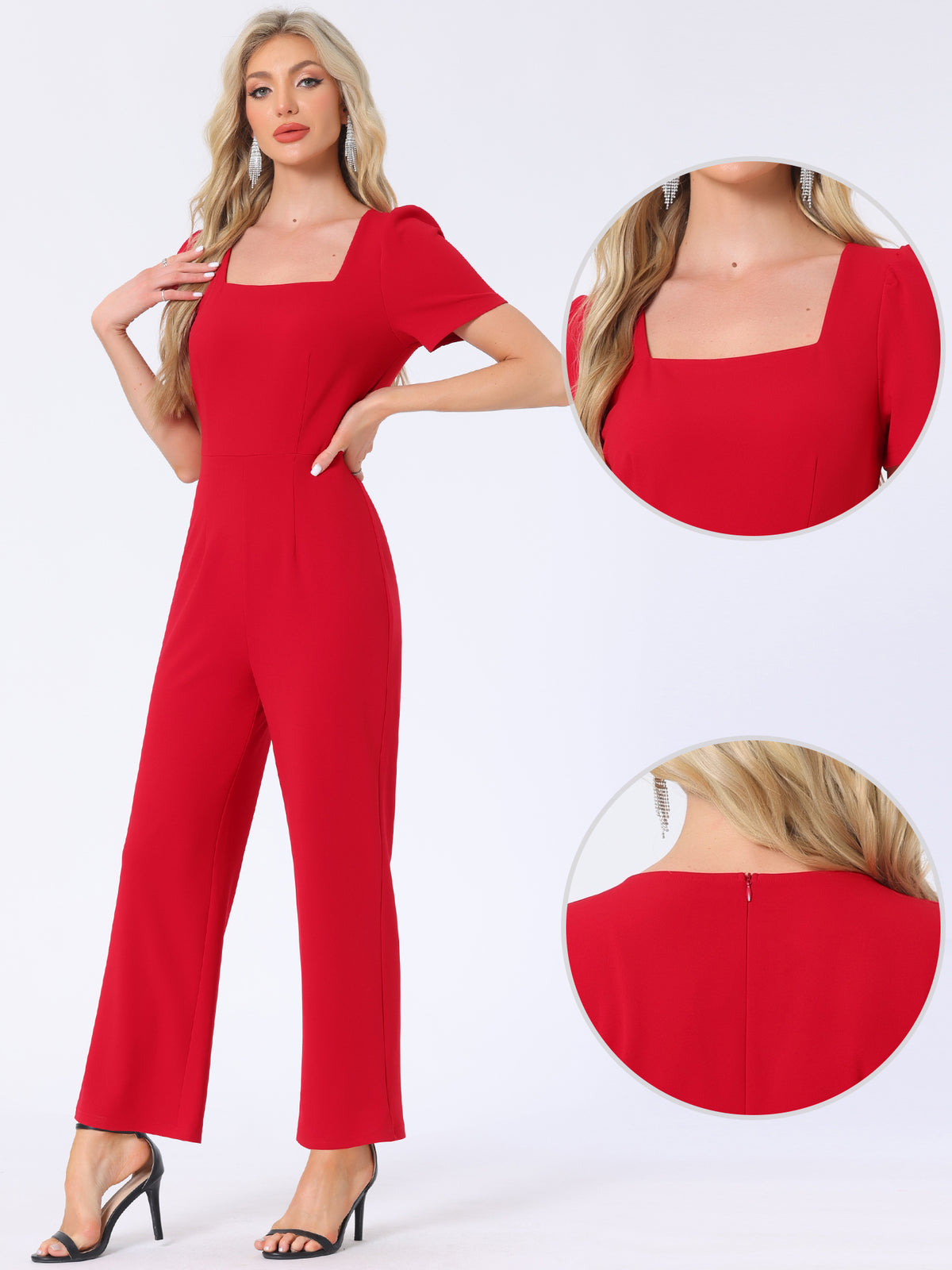 Women's Elegant Square Neck Puff Short Sleeve Loose Wide Leg Romper Work Jumpsuits