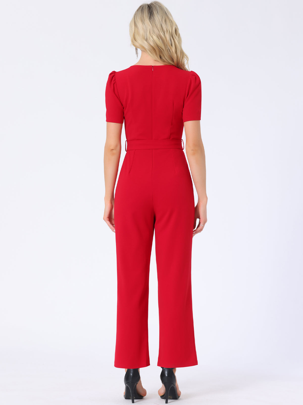 Women's Elegant Square Neck Puff Short Sleeve Loose Wide Leg Romper Work Jumpsuits
