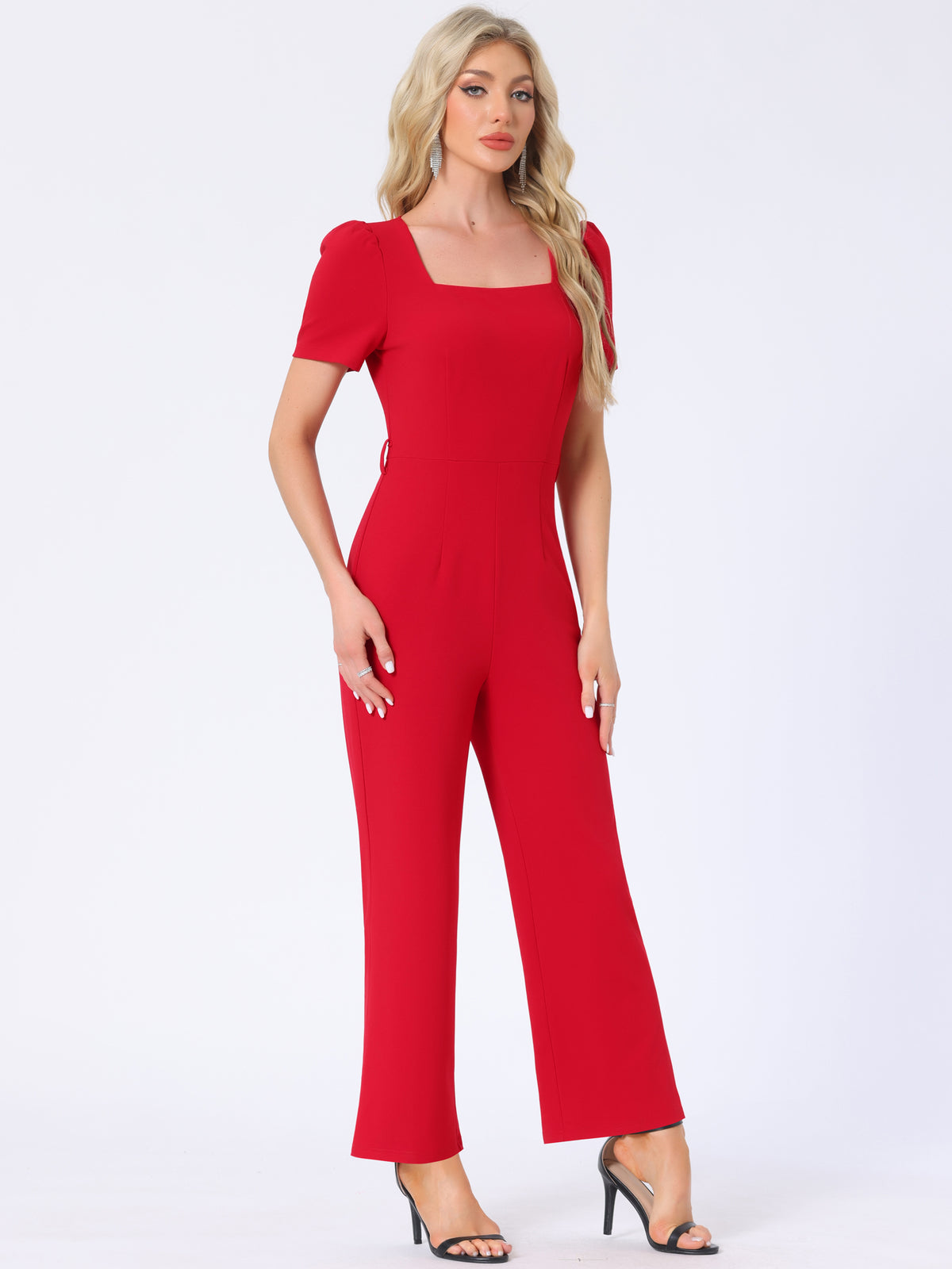 Women's Elegant Square Neck Puff Short Sleeve Loose Wide Leg Romper Work Jumpsuits
