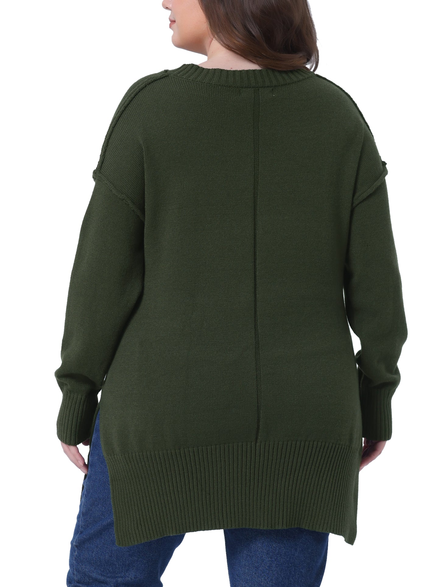Women Plus Size Sweater Oversized Crew Neck Long Sleeve Slit hem Knit Pullover Sweater Tops