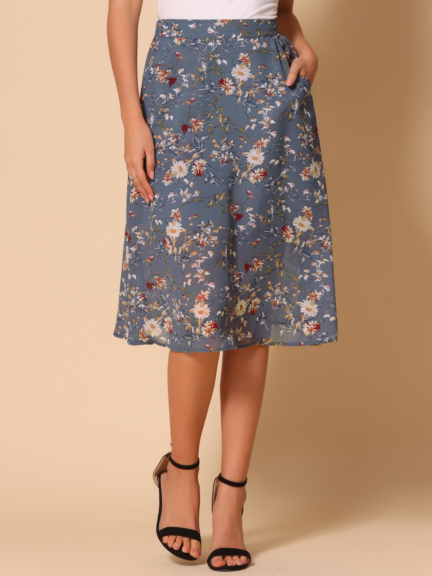 Falda midi de gasa con estampado floral para mujer, corte A, verano