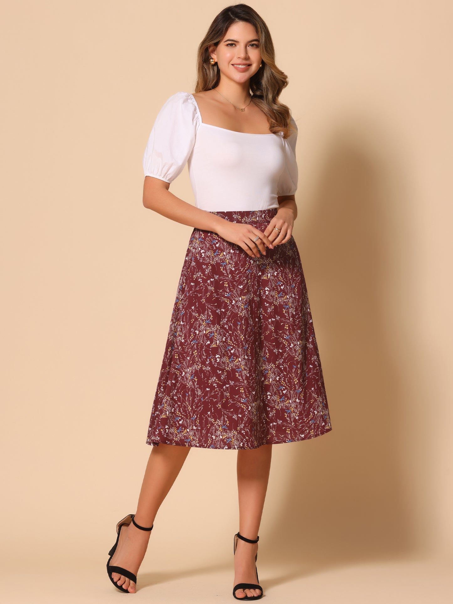 Falda midi de gasa con estampado floral para mujer, corte A, verano