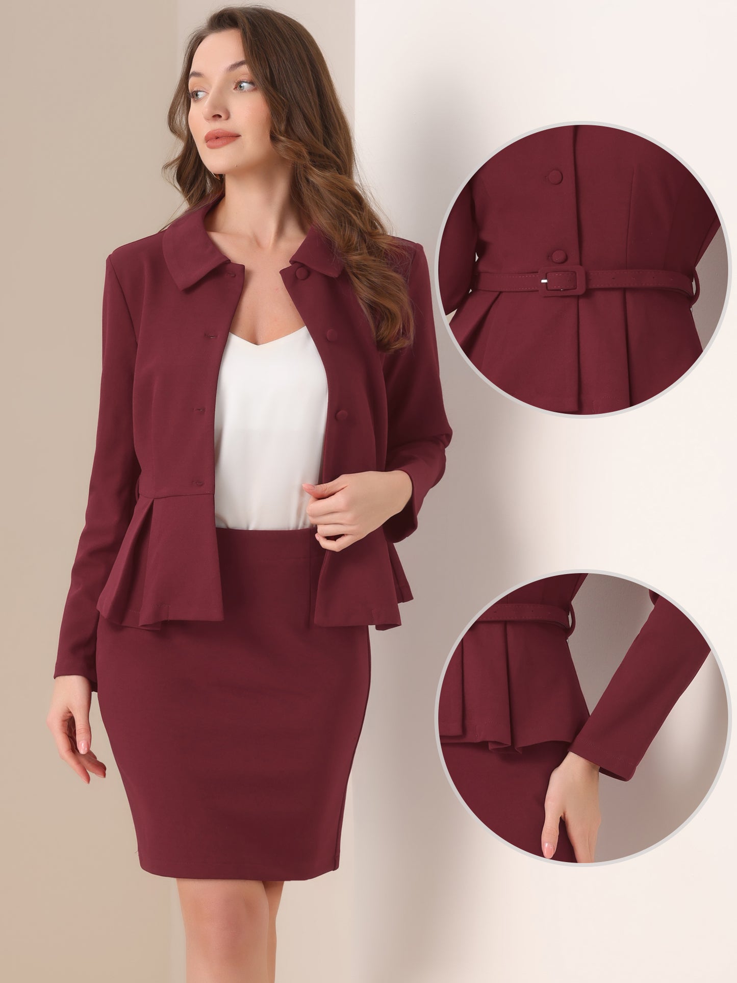 Women's Business Two Pieces Suit Set Peplum Blazer Jacket Mini Pencil Skirt