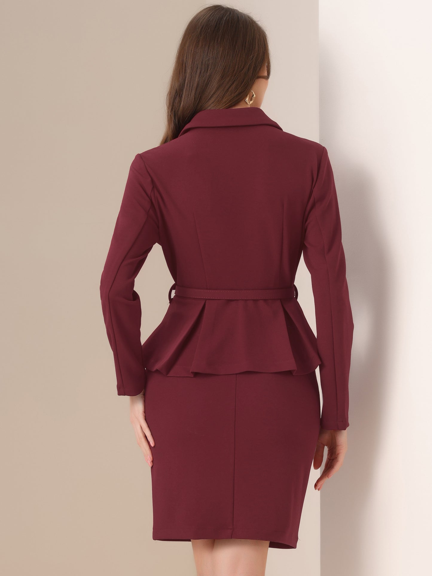 Women's Business Two Pieces Suit Set Peplum Blazer Jacket Mini Pencil Skirt