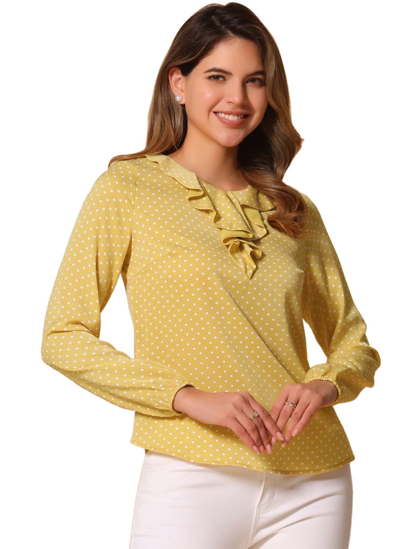 Women's Ruffle Neck Chiffon Top Long Sleeve Casual Office Blouse