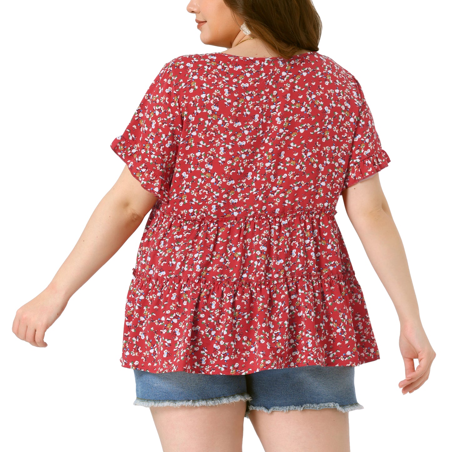 Women's Plus Size Blouse Summer Tops V Neck Short Sleeve Boho Floral Babydolls Blouse