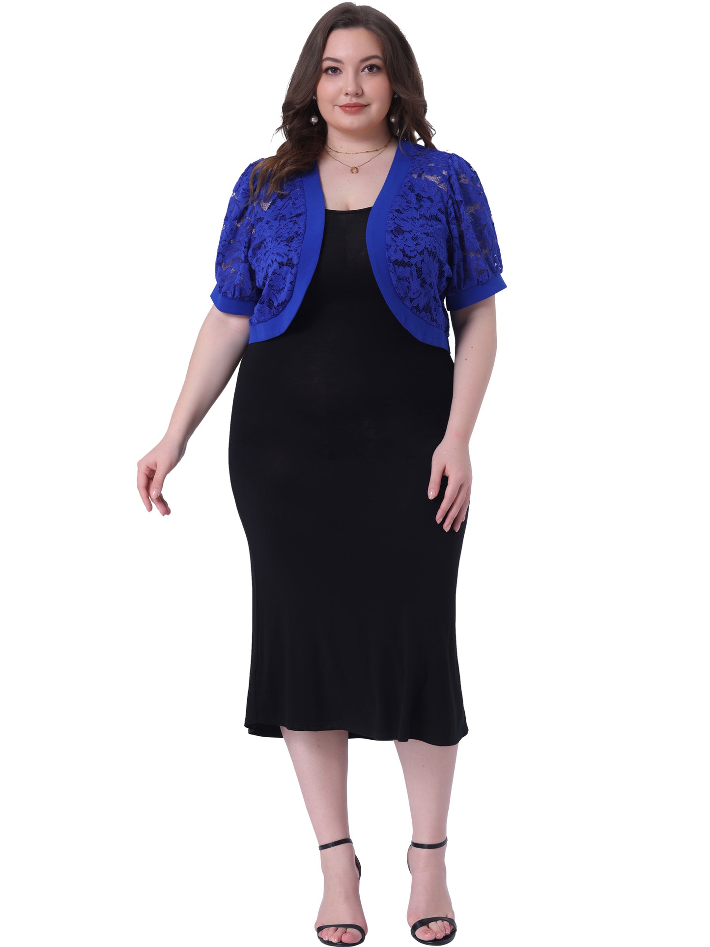 Women Plus Size Short Sleeve Sheer Floral Lace Bolero Shrugs Open Front Cropped Cardigans