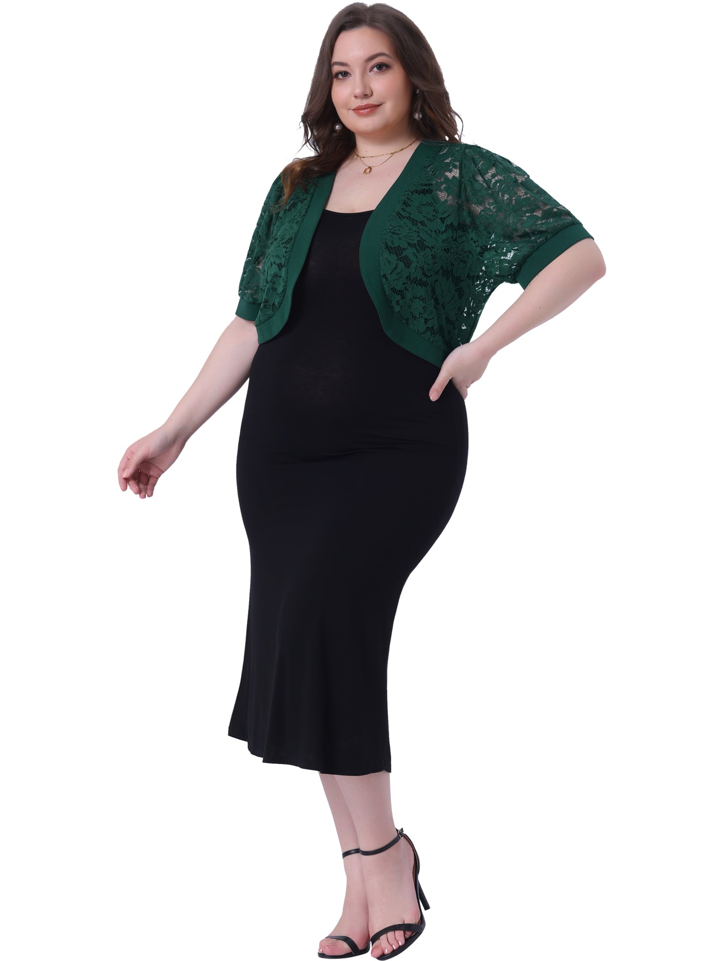Women Plus Size Short Sleeve Sheer Floral Lace Bolero Shrugs Open Front Cropped Cardigans